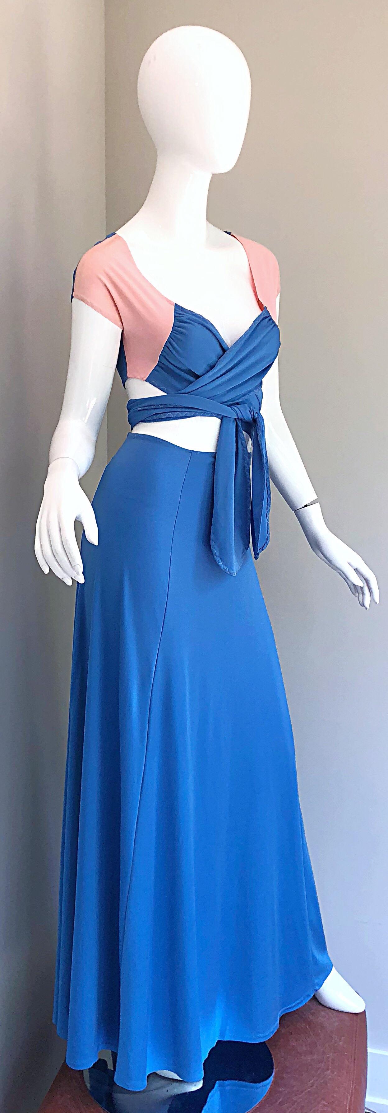 1970s M. Bassel Blue + Light Pink Vintage Wrap Crop Top Shirt and Maxi Skirt For Sale 1