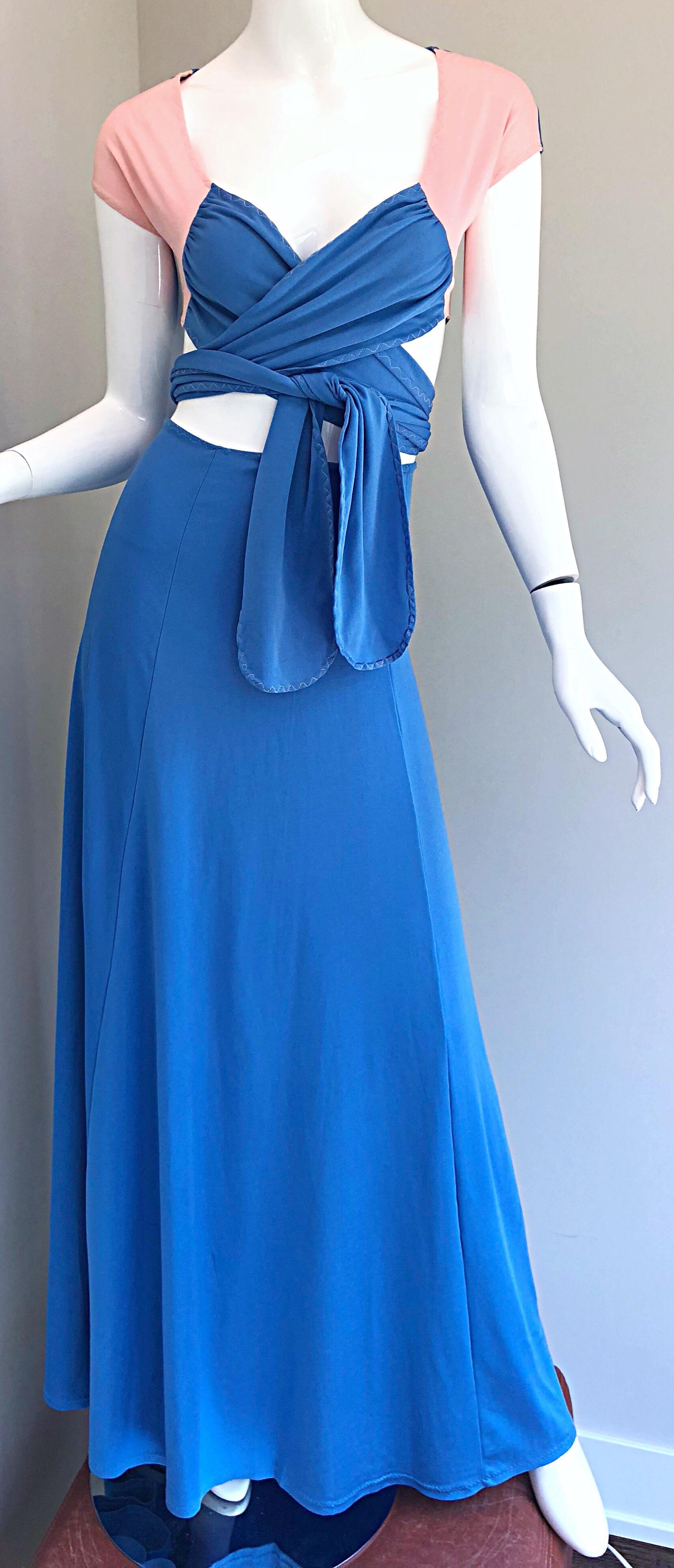 1970s M. Bassel Blue + Light Pink Vintage Wrap Crop Top Shirt and Maxi Skirt For Sale 2