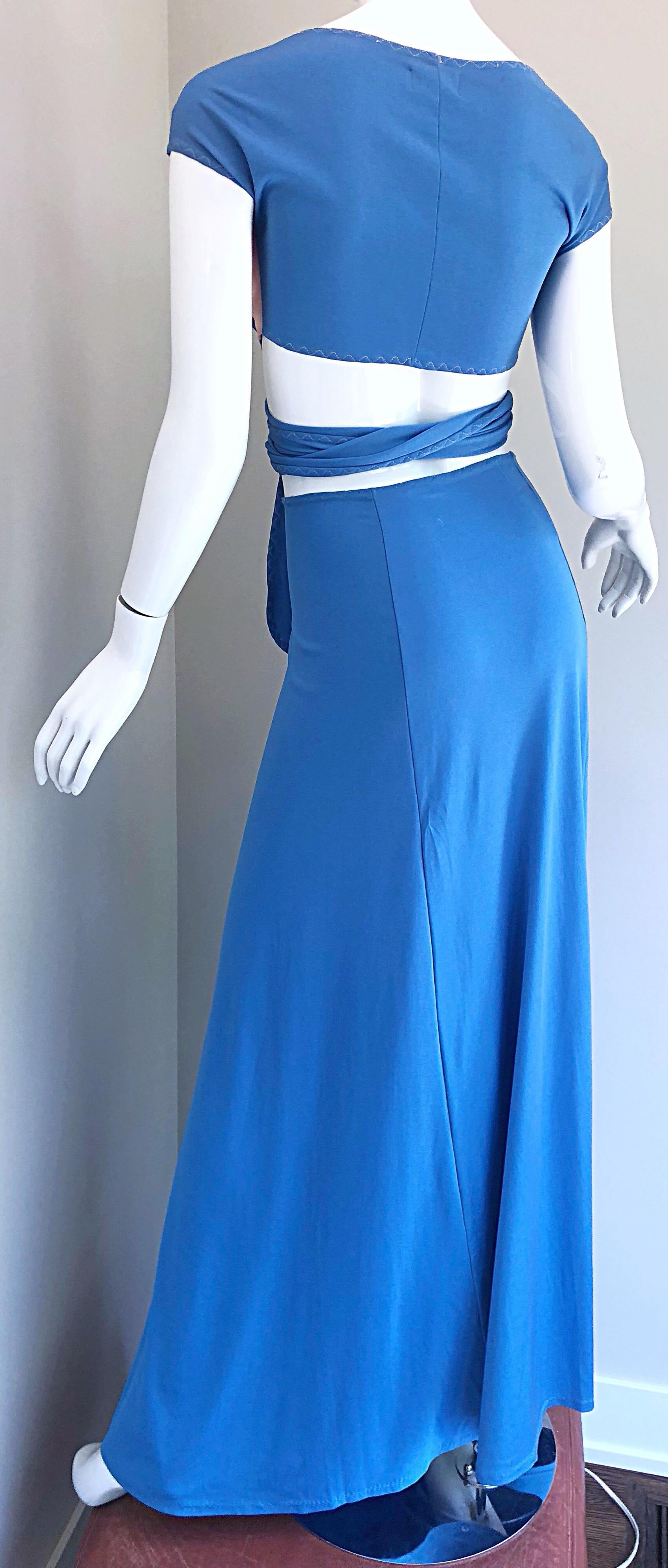 1970s M. Bassel Blue + Light Pink Vintage Wrap Crop Top Shirt and Maxi Skirt For Sale 3