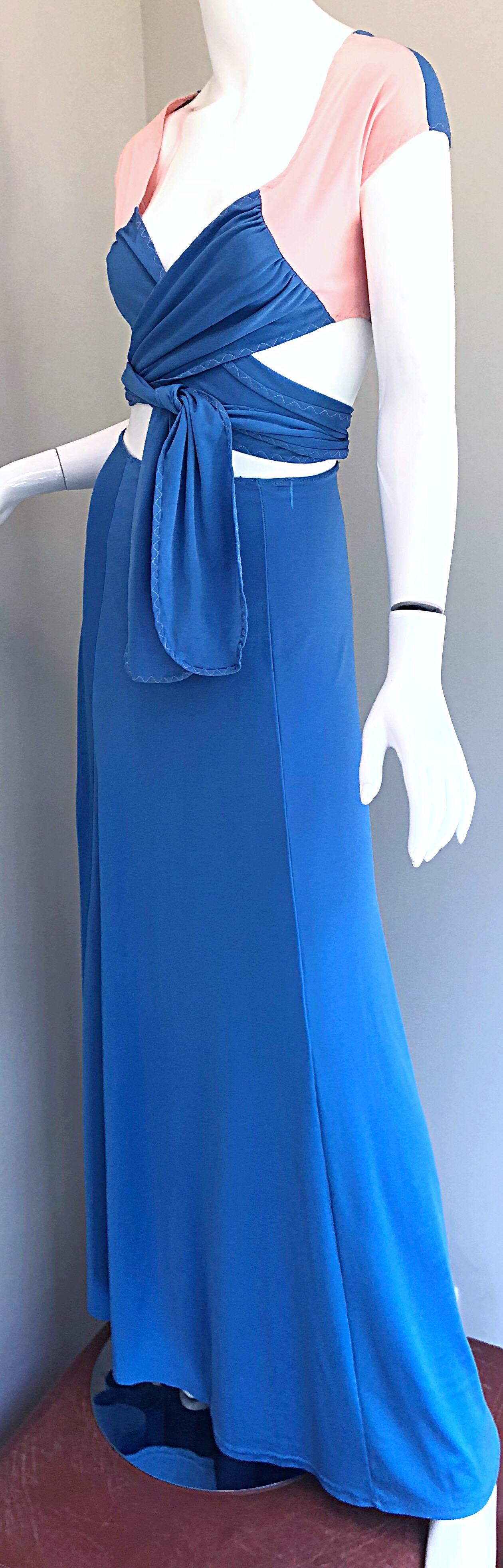 1970s M. Bassel Blue + Light Pink Vintage Wrap Crop Top Shirt and Maxi Skirt For Sale 4