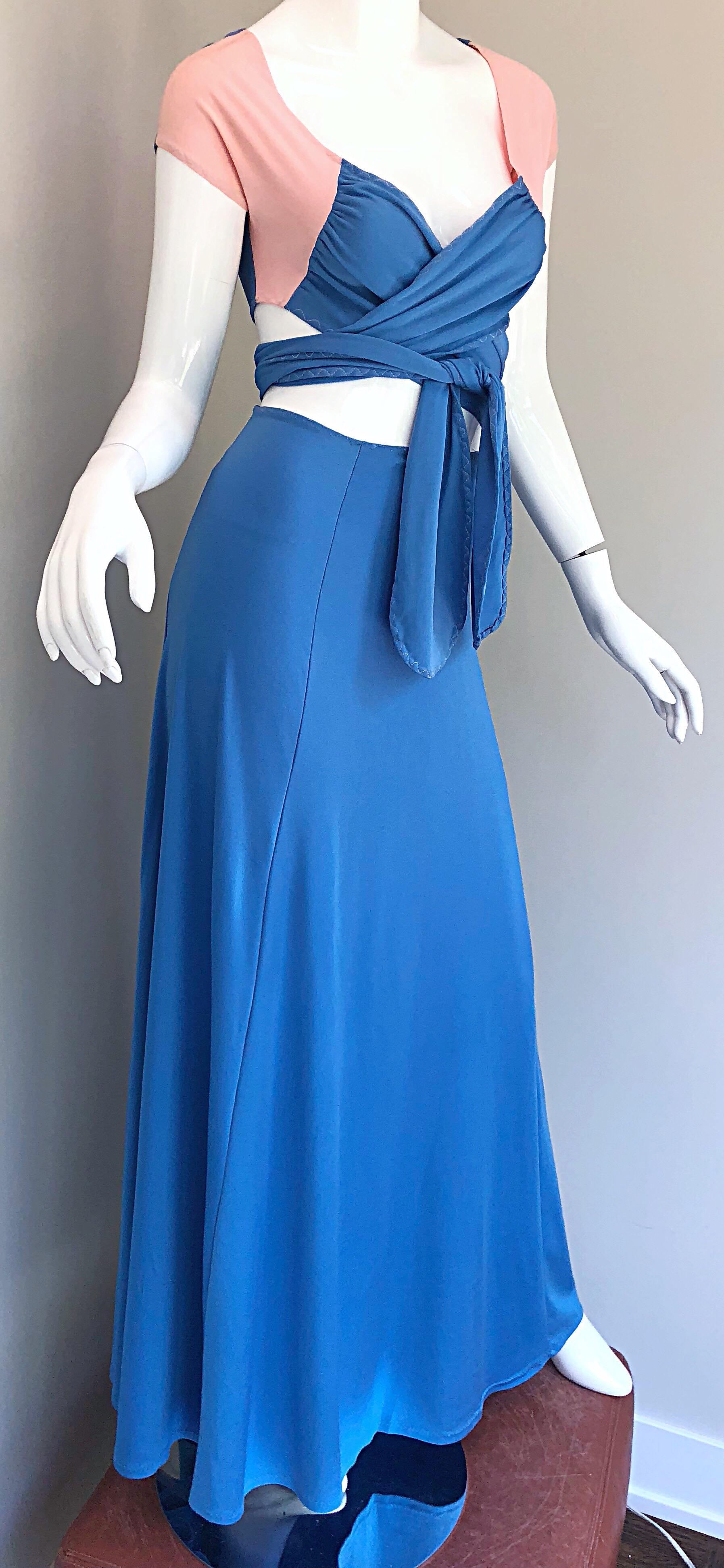1970s M. Bassel Blue + Light Pink Vintage Wrap Crop Top Shirt and Maxi Skirt For Sale 5