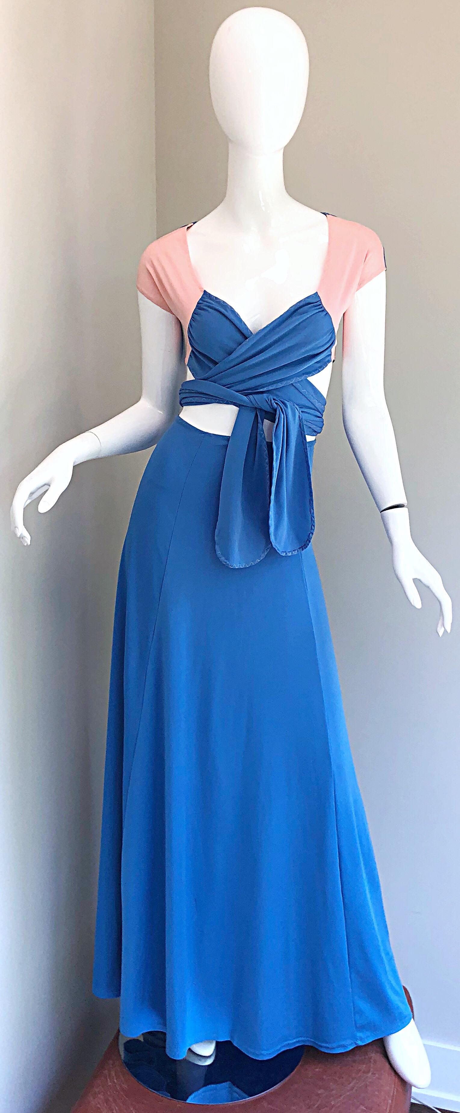 1970s M. Bassel Blue + Light Pink Vintage Wrap Crop Top Shirt and Maxi Skirt For Sale 6