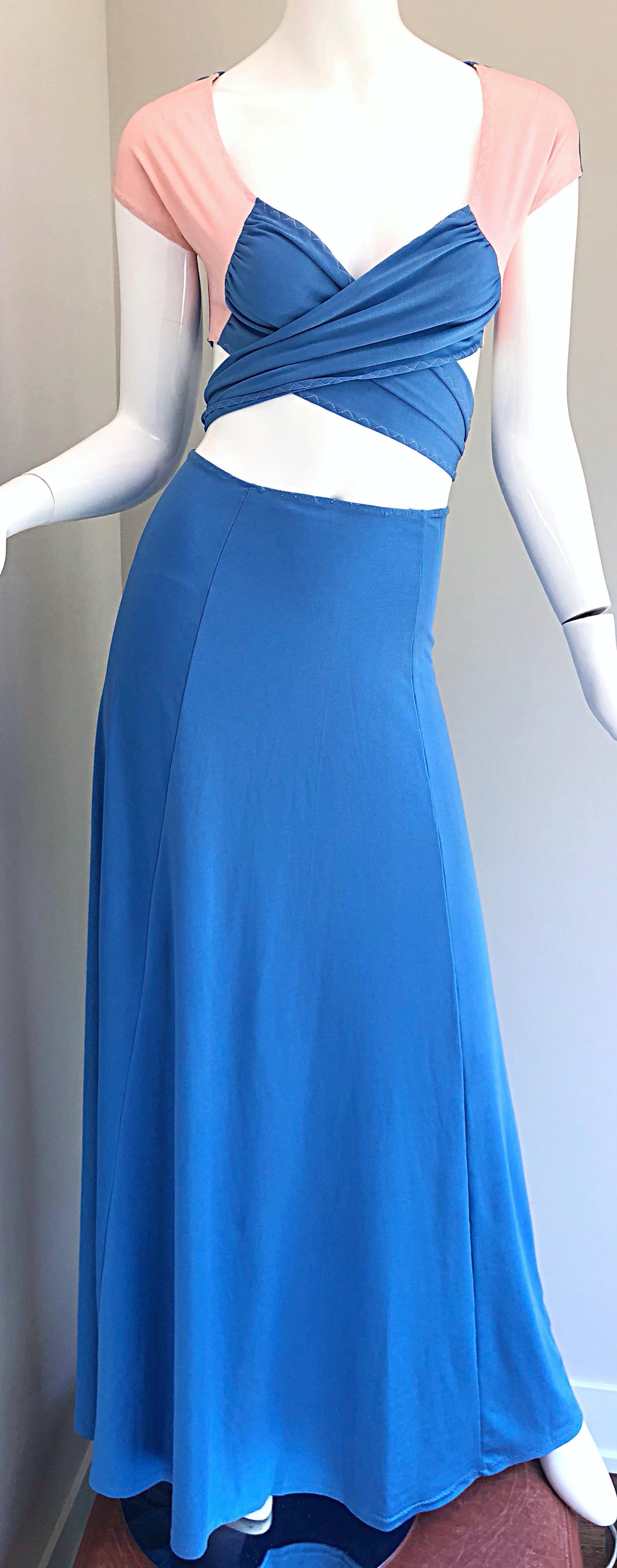 1970s M. Bassel Blue + Light Pink Vintage Wrap Crop Top Shirt and Maxi Skirt For Sale 7
