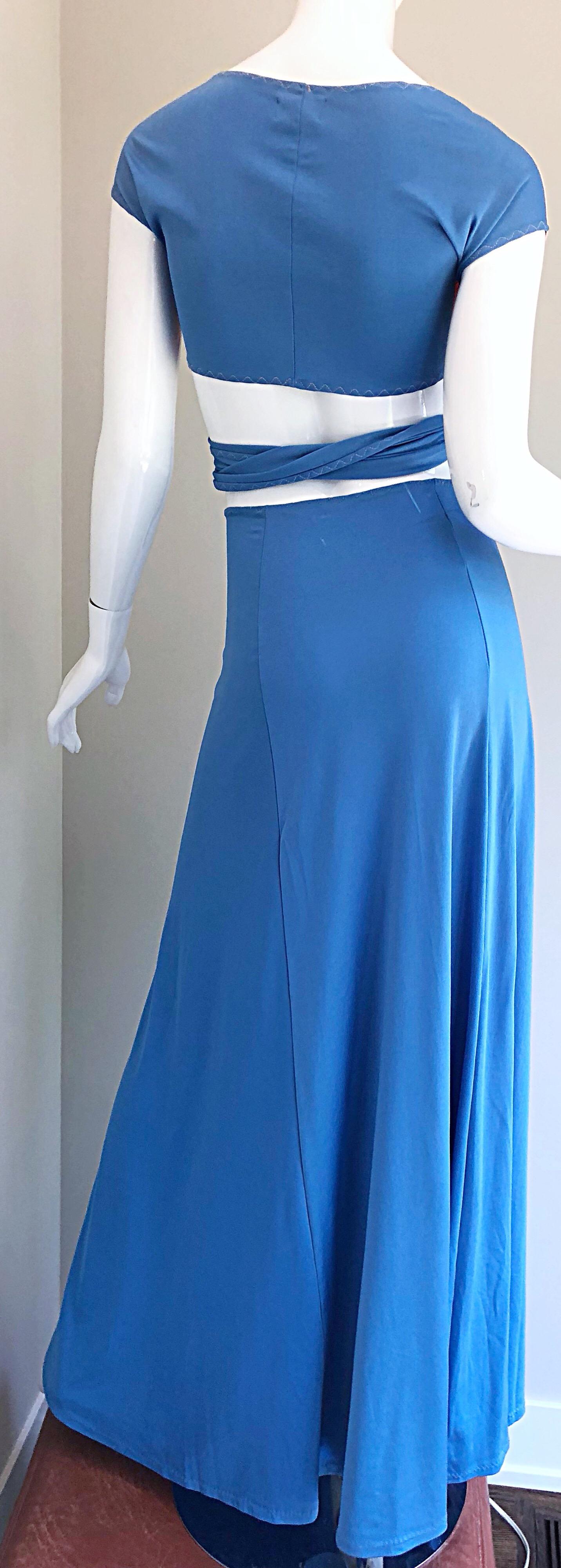 1970s M. Bassel Blue + Light Pink Vintage Wrap Crop Top Shirt and Maxi Skirt For Sale 8