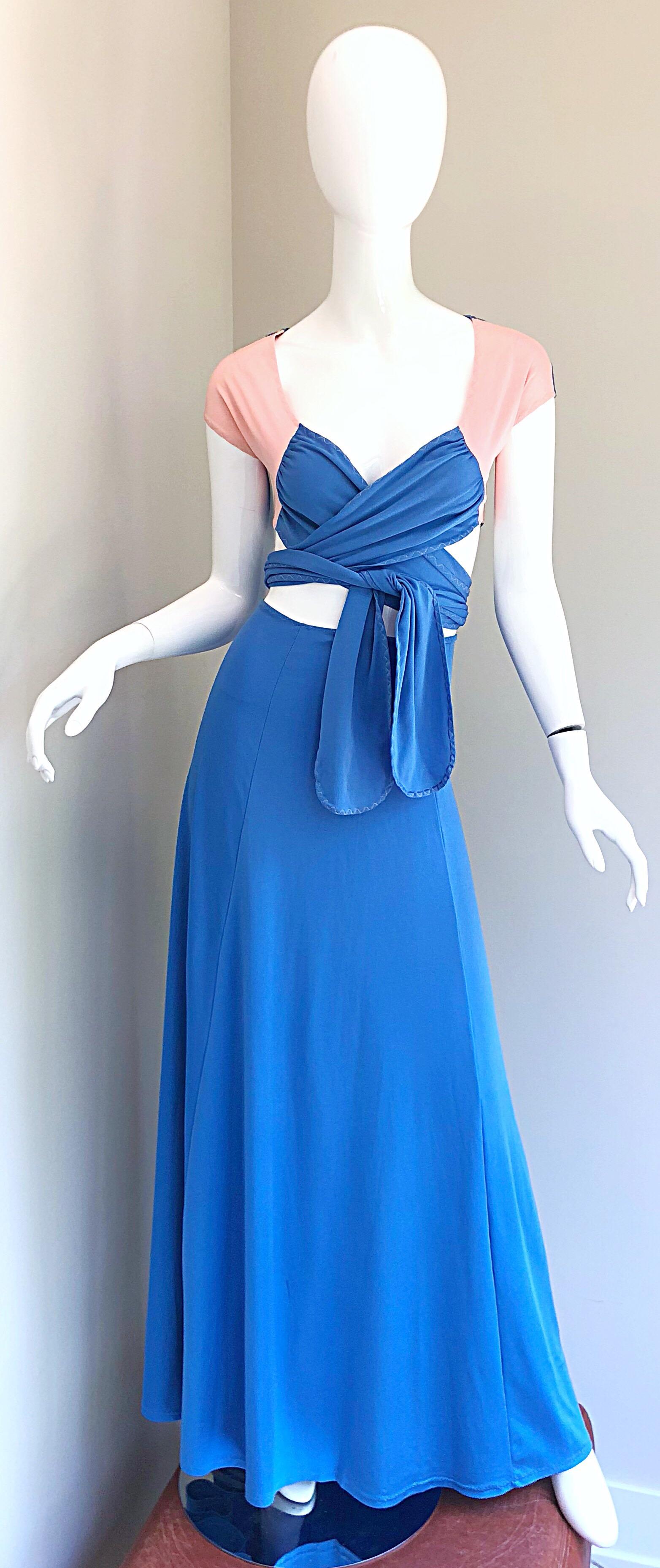 1970s M. Bassel Blue + Light Pink Vintage Wrap Crop Top Shirt and Maxi Skirt For Sale 9