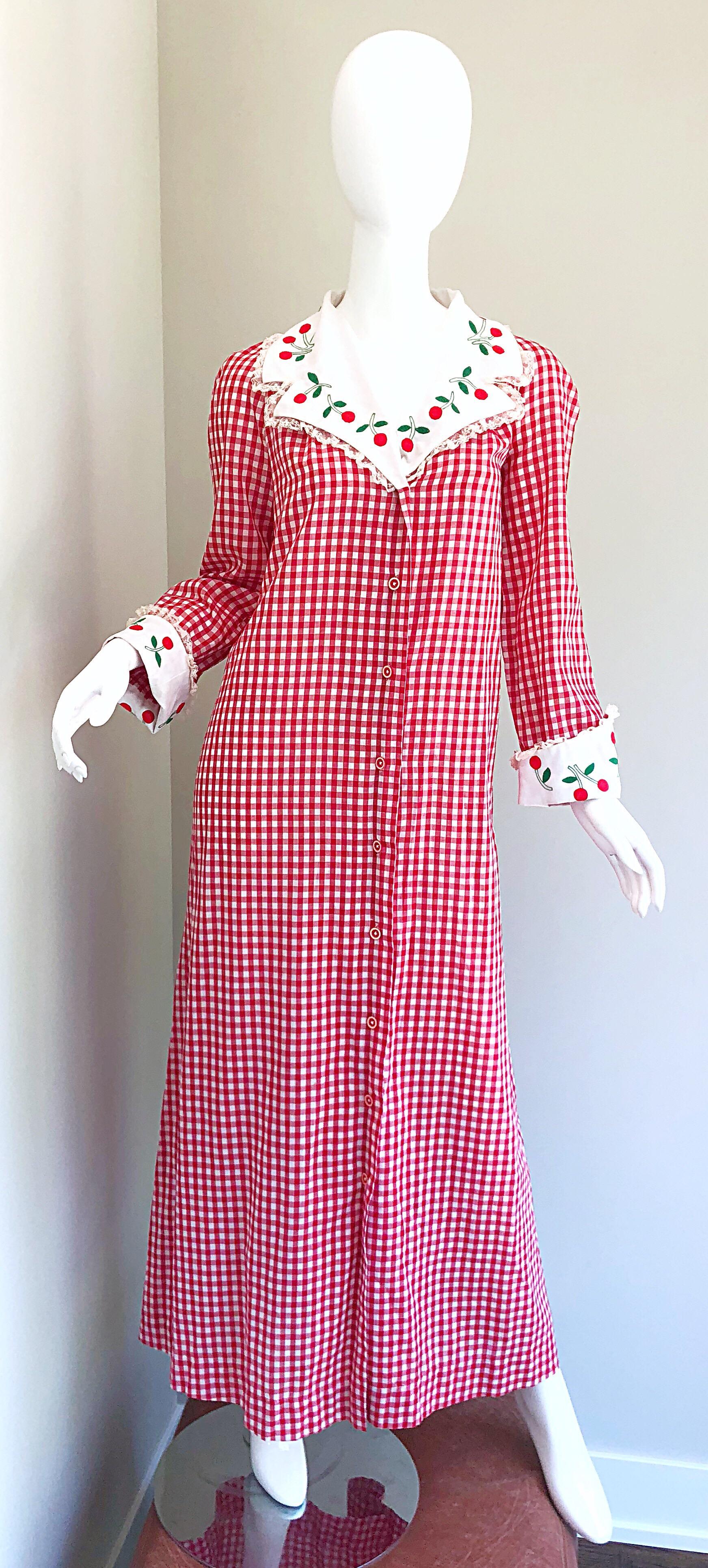 Amazing 70s SAKS FIFTH AVE. red and white checkered / gingham cherry embroidered lightweight cotton maxi dress! Features allover red and white gingham print, with cherries embroidered around the collar and sleeve cuffs. Buttons up the front. POCKETS