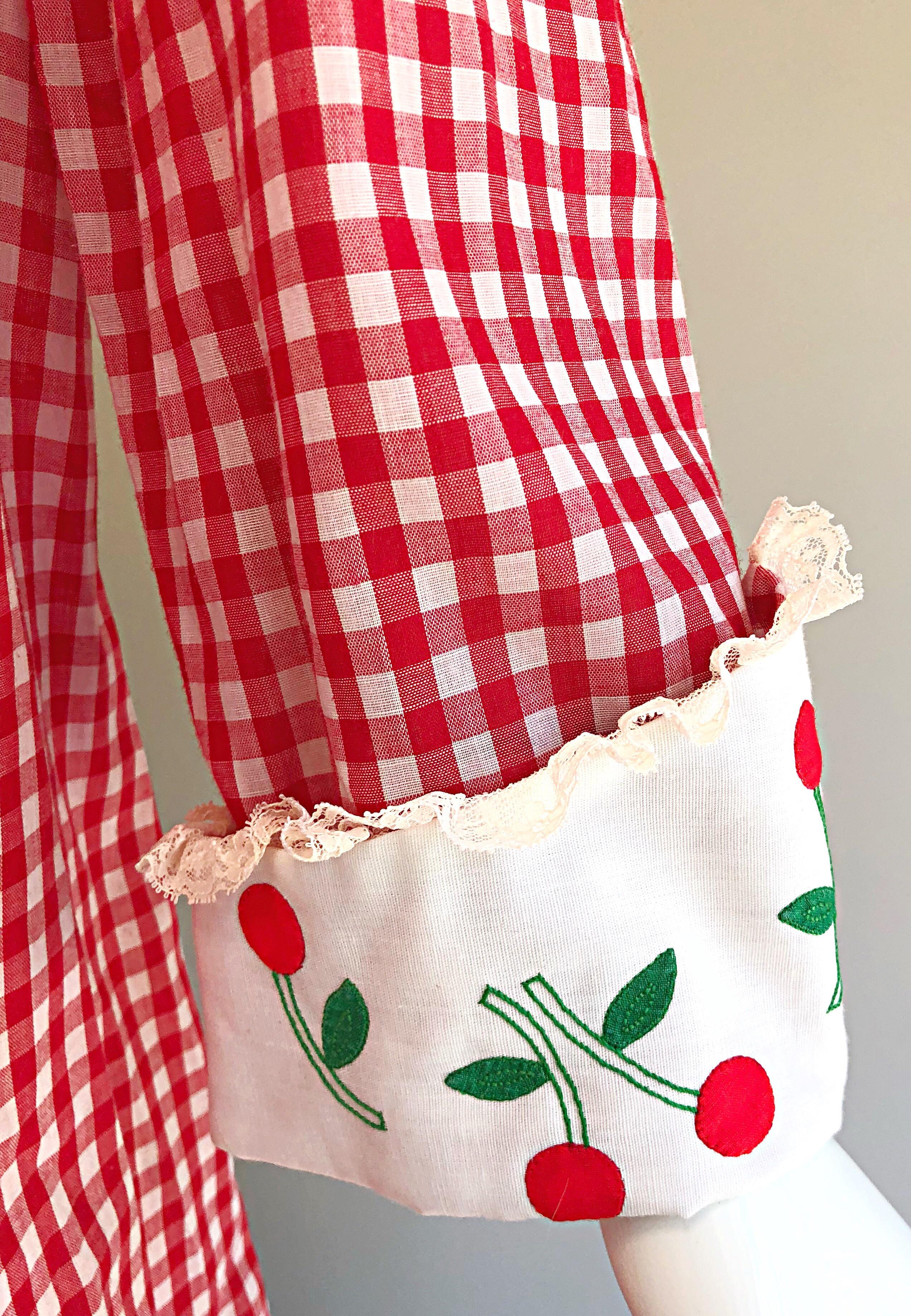 Women's Amazing 1970s Saks 5th Avenue Red + White Cherry Print Gingham 70s Maxi Dress