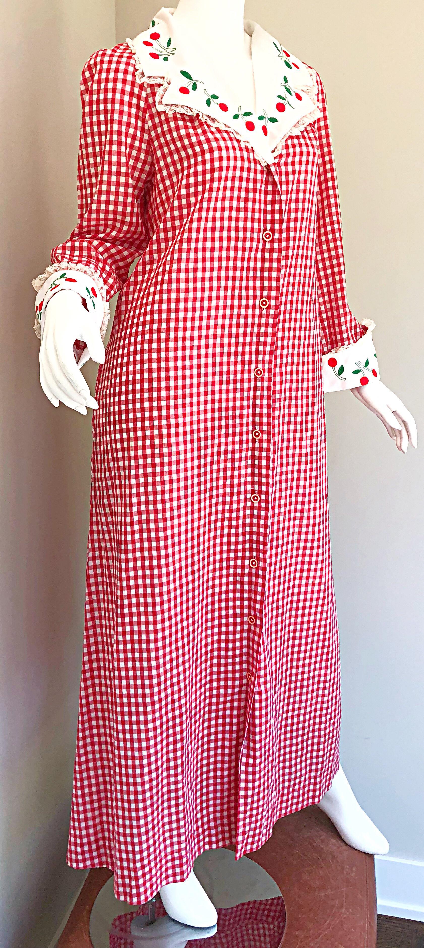 Amazing 1970s Saks 5th Avenue Red + White Cherry Print Gingham 70s Maxi Dress 1