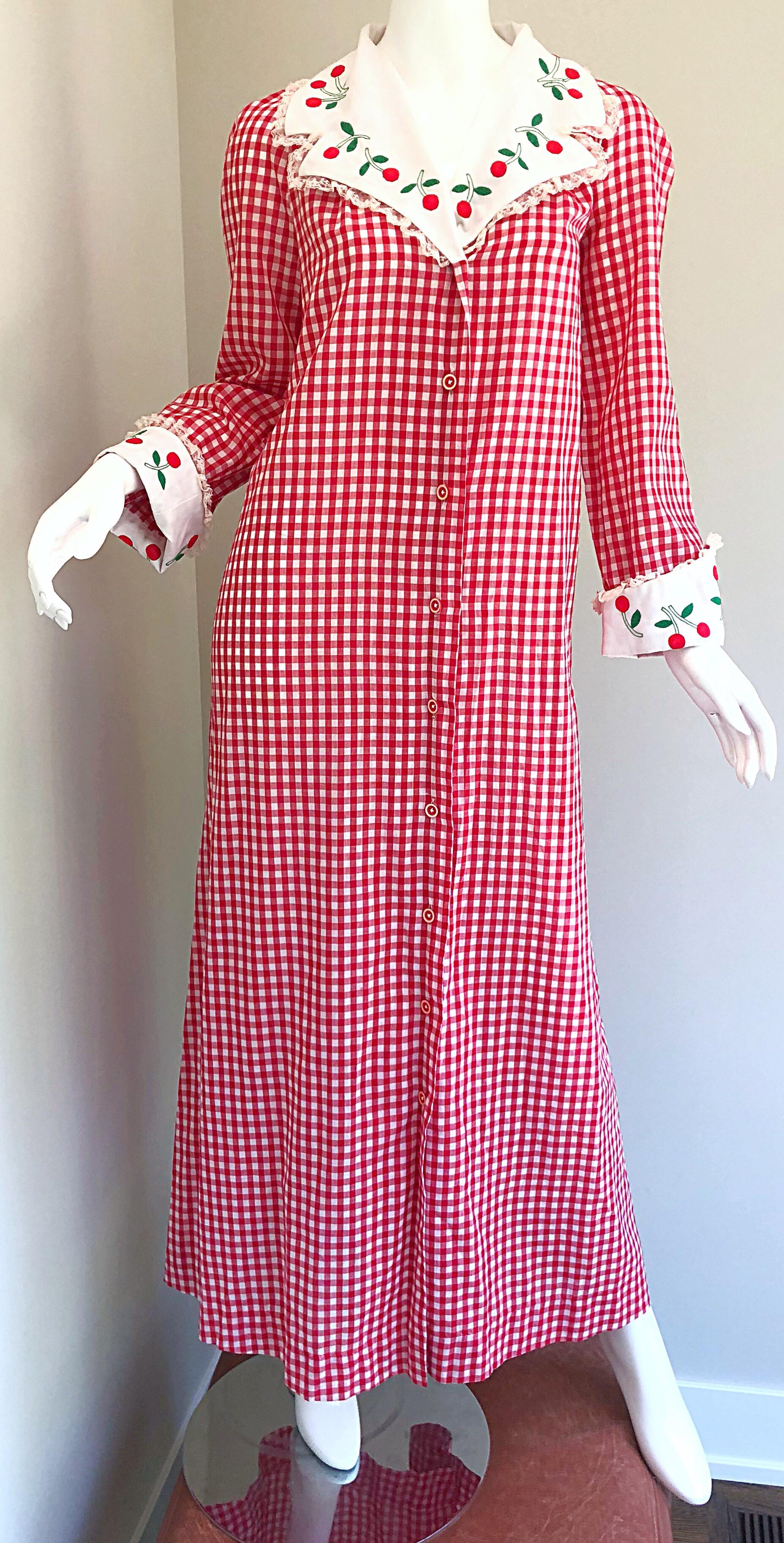 Amazing 1970s Saks 5th Avenue Red + White Cherry Print Gingham 70s Maxi Dress 4