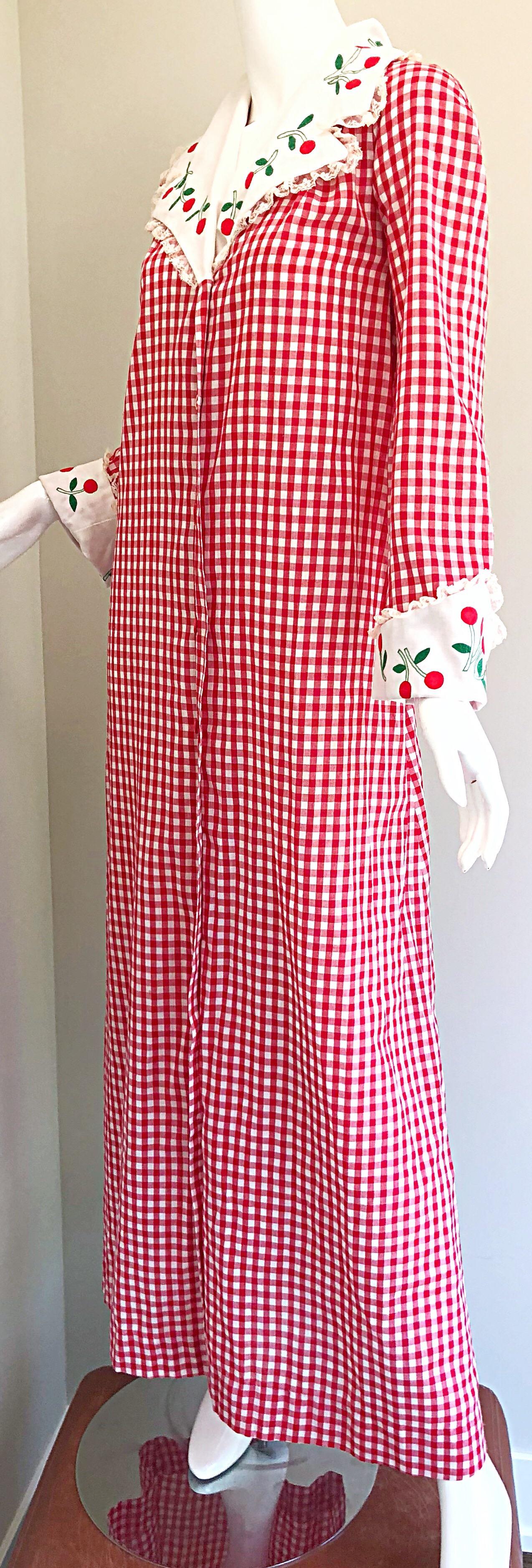 Amazing 1970s Saks 5th Avenue Red + White Cherry Print Gingham 70s Maxi Dress 6