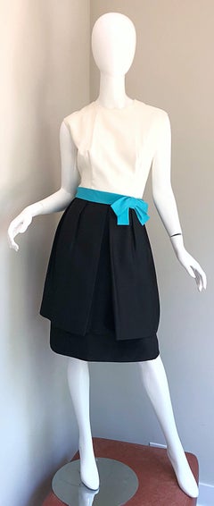 1950s B. Altman Black and White + Turquoise Blue Vintage 50s Silk Cocktail Dress