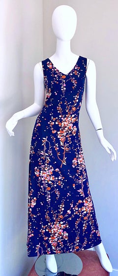 Amazing 1970s Navy Blue Novelty Olive Branch Print 70s Maxi Dress + Shirt Jacket