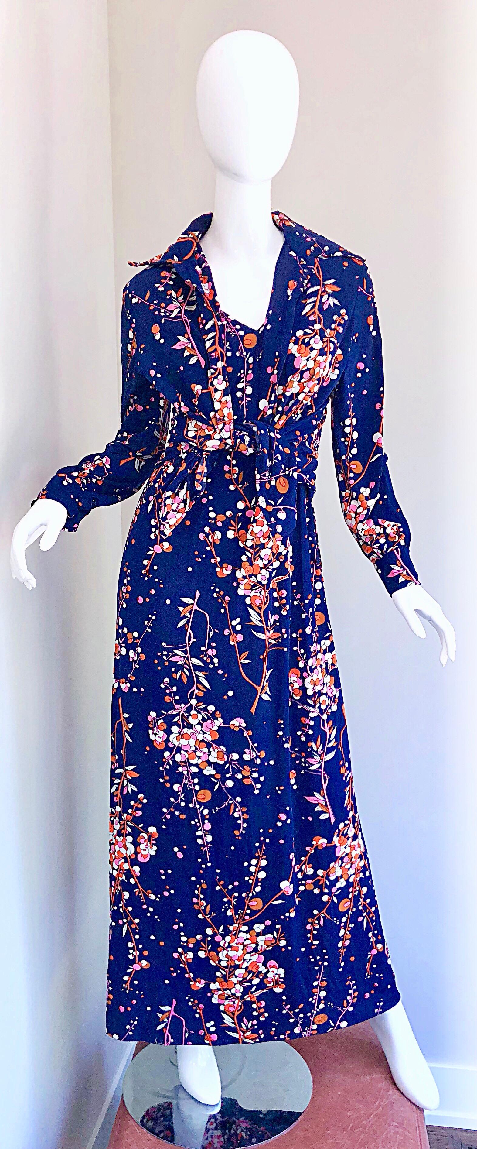 Amazing 1970s Navy Blue Novelty Olive Branch Print 70s Maxi Dress ...
