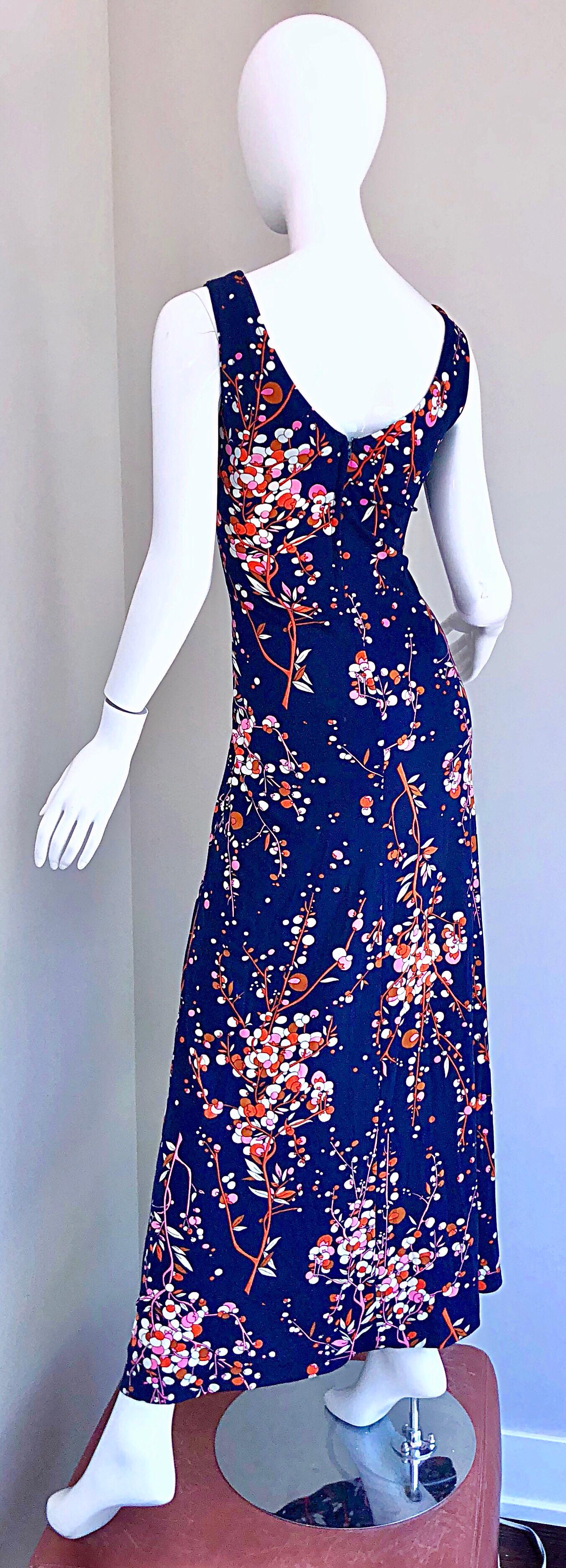 Amazing 1970s Navy Blue Novelty Olive Branch Print 70s Maxi Dress ...