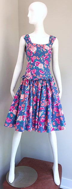 1980s Laura Ashley Blue + Pink Cotton Flower Fit n' Flare Vintage 80s Dress