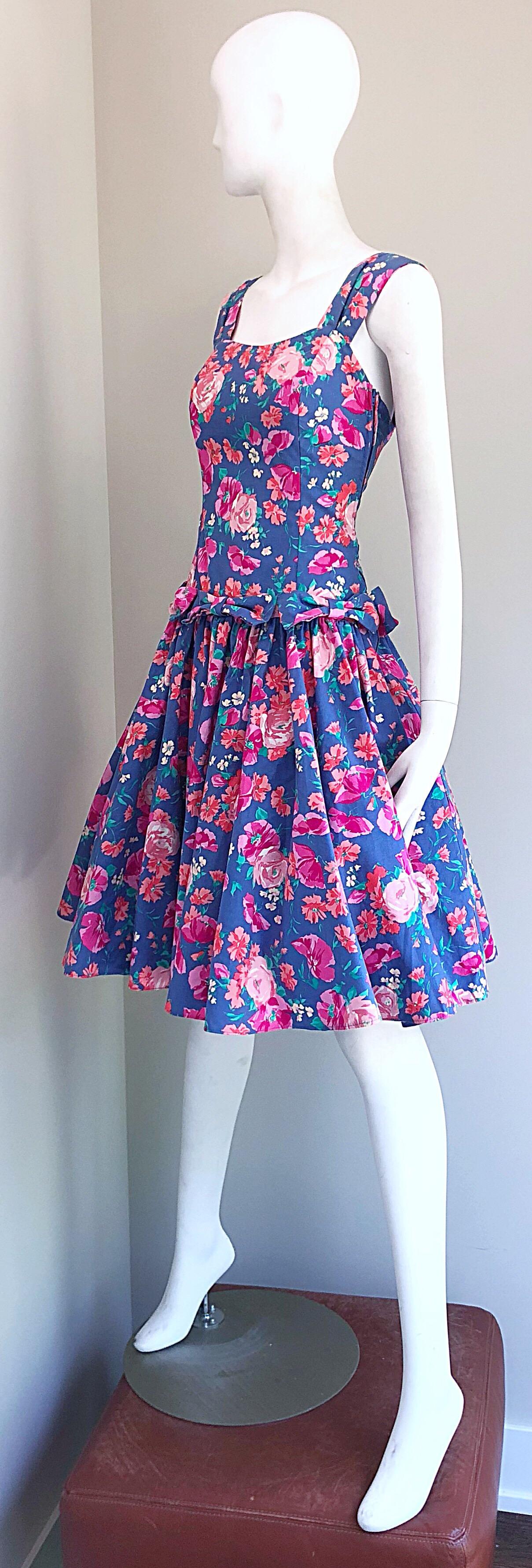 1980s Laura Ashley Blue + Pink Cotton Flower Fit n' Flare Vintage 80s Dress  In Excellent Condition In San Diego, CA