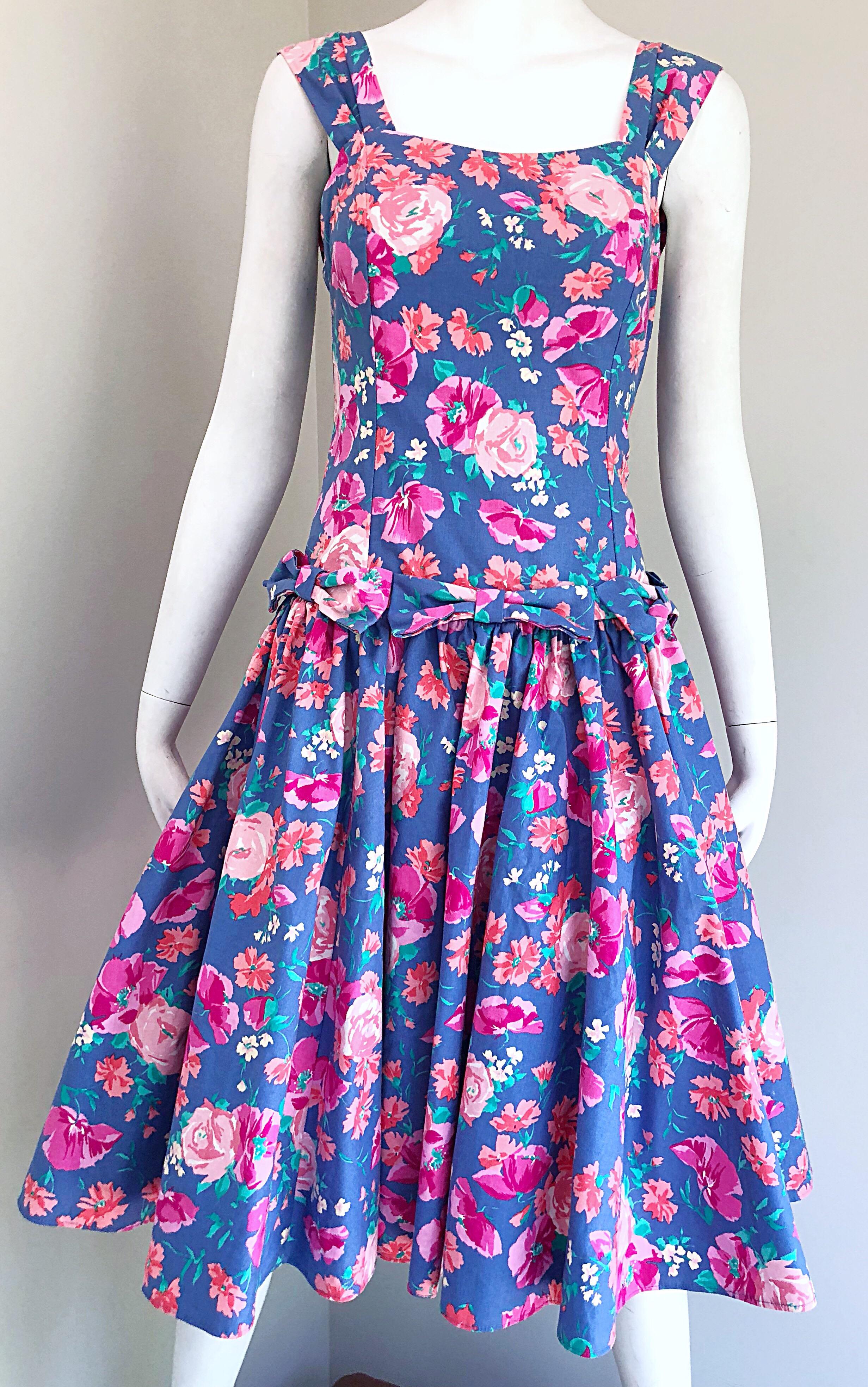 1980s Laura Ashley Blue + Pink Cotton Flower Fit n' Flare Vintage 80s Dress  1