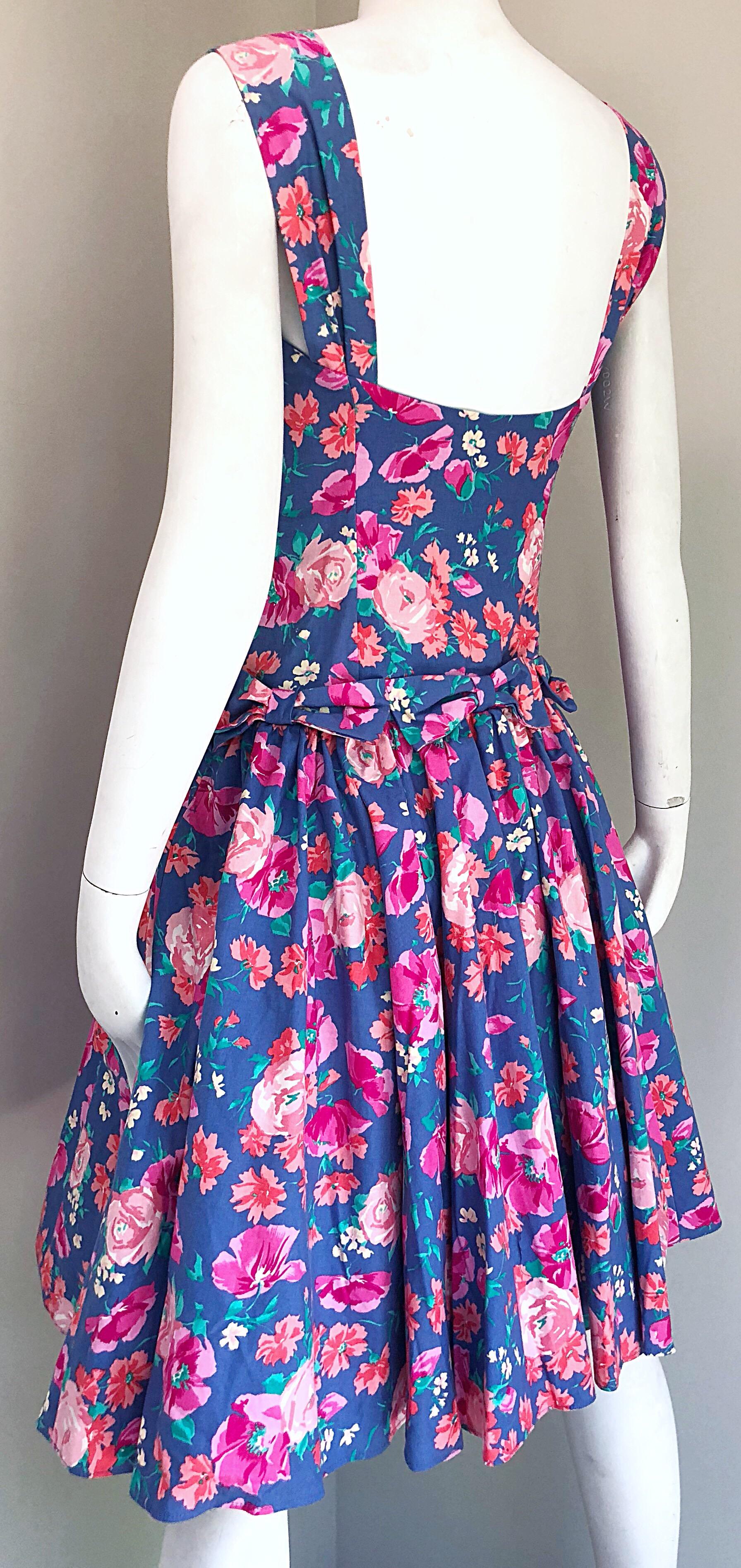 1980s Laura Ashley Blue + Pink Cotton Flower Fit n' Flare Vintage 80s Dress  2