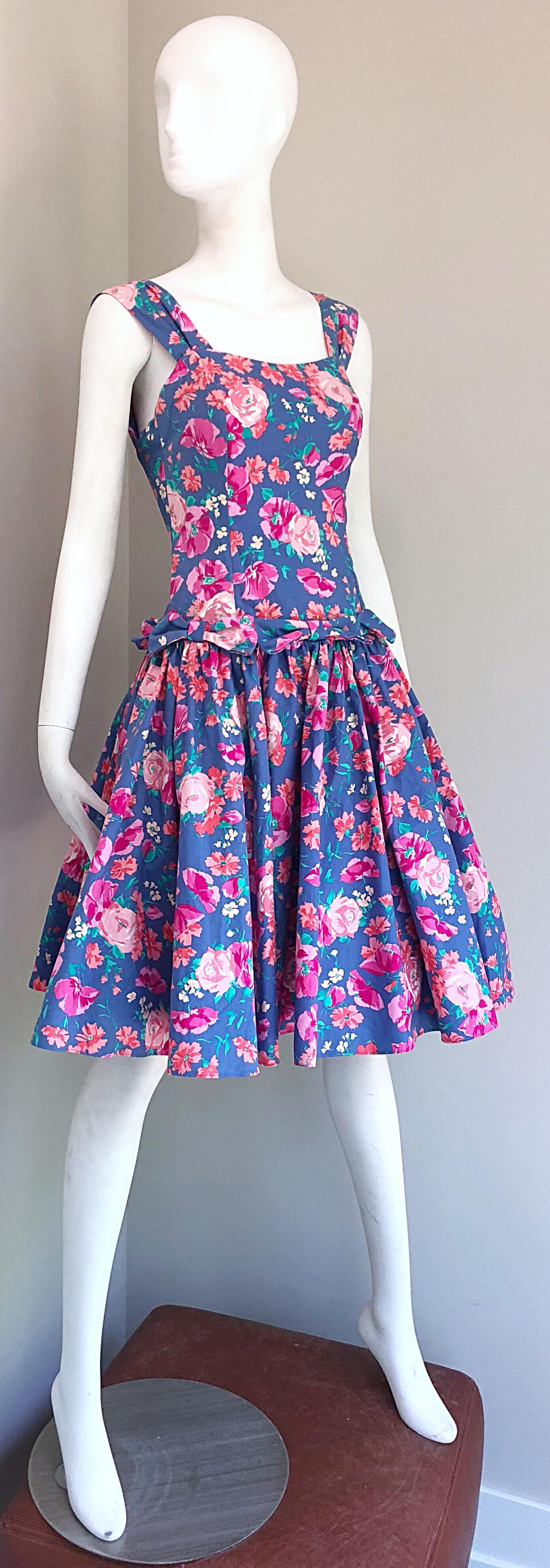 1980s Laura Ashley Blue + Pink Cotton Flower Fit n' Flare Vintage 80s Dress  3