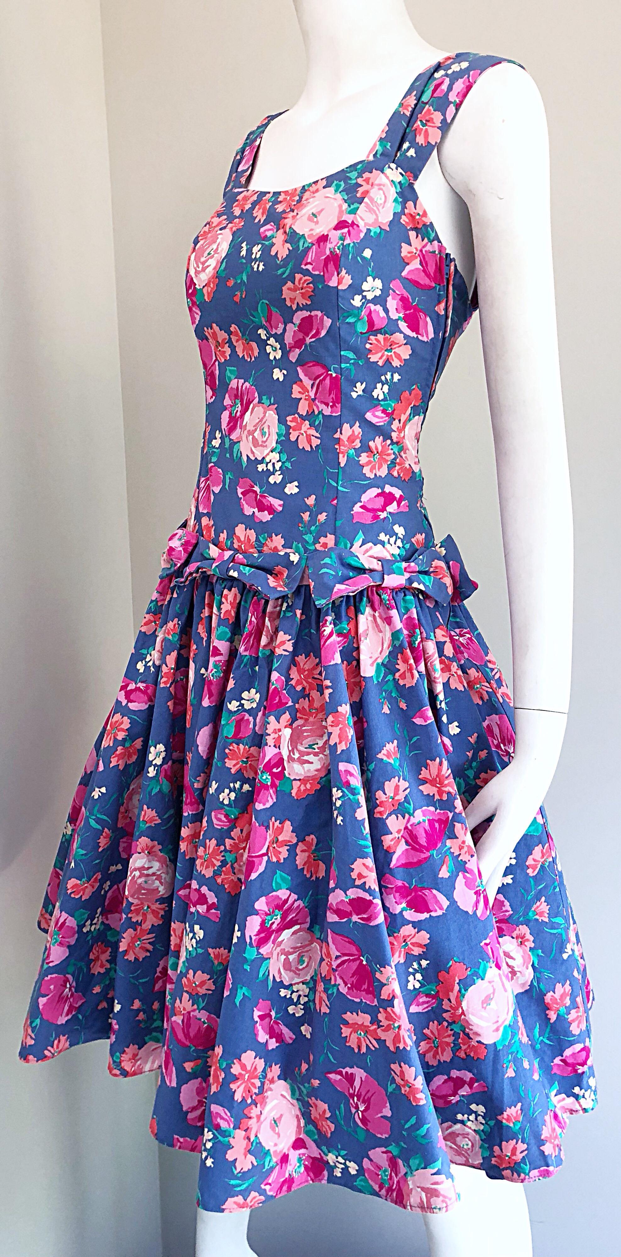 1980s Laura Ashley Blue + Pink Cotton Flower Fit n' Flare Vintage 80s Dress  5
