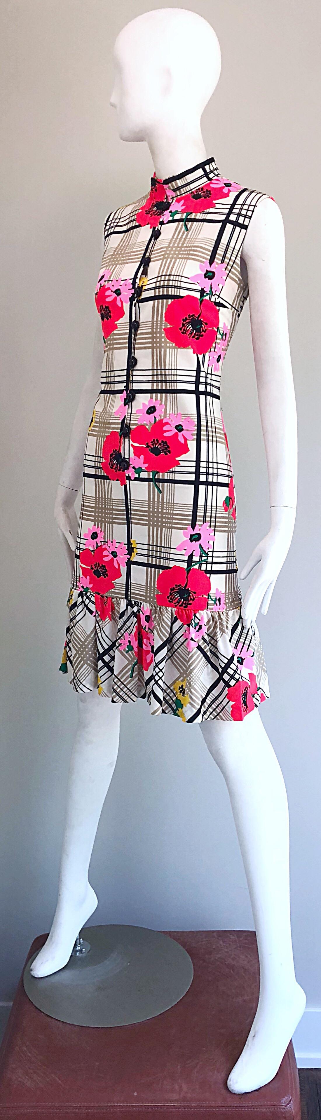 Gray Chic 1960s Stripes and Flowers Black and White Colorful Vintage 60s Shift Dress