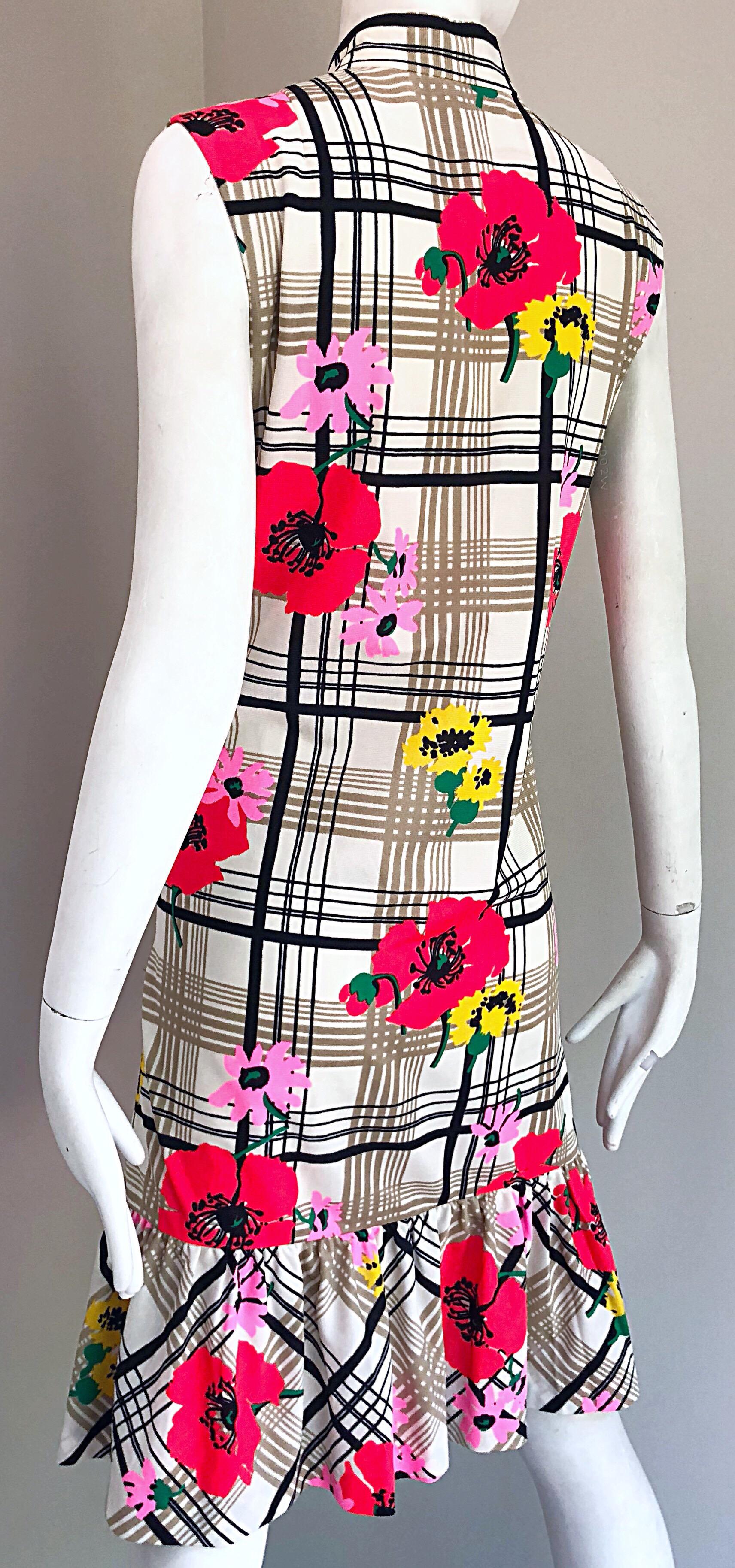 Chic 1960s Stripes and Flowers Black and White Colorful Vintage 60s Shift Dress 1