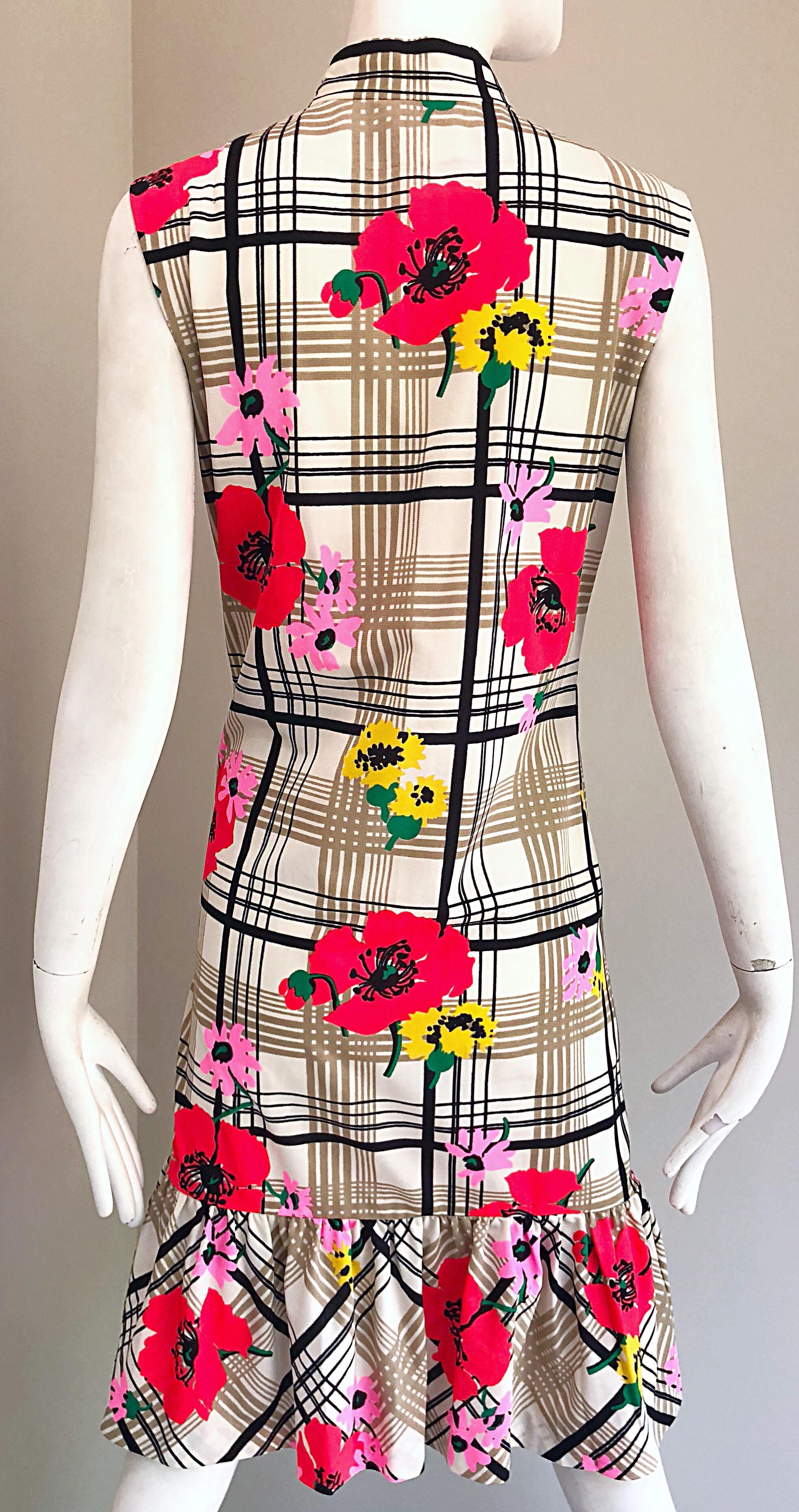 Chic 1960s Stripes and Flowers Black and White Colorful Vintage 60s Shift Dress 3