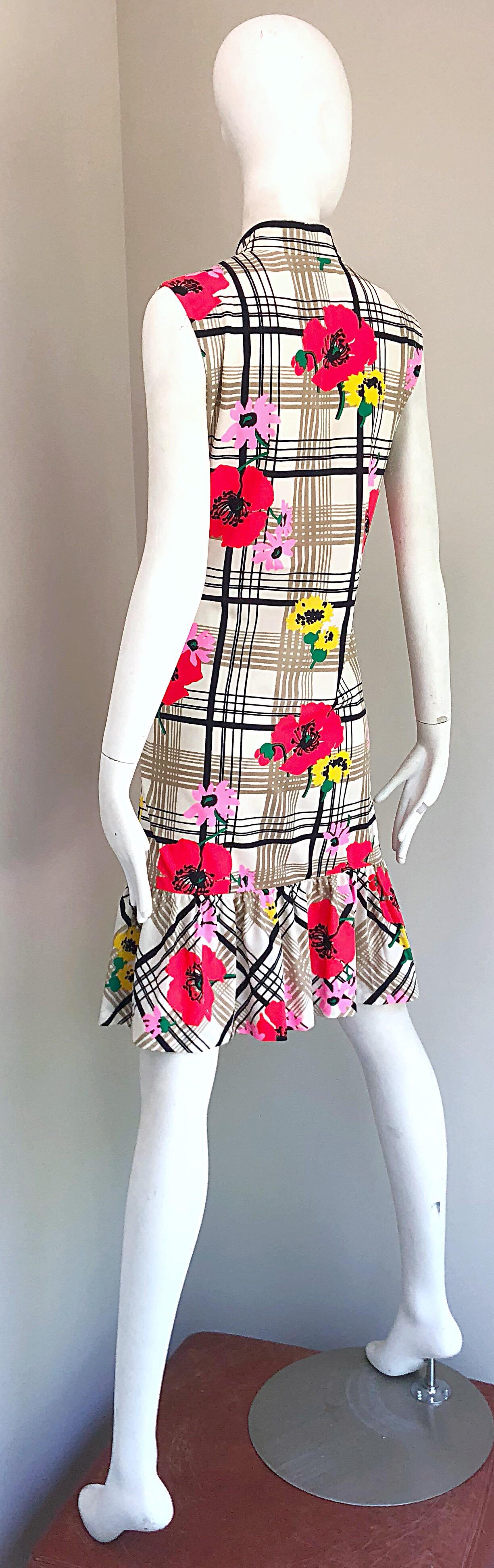 Chic 1960s Stripes and Flowers Black and White Colorful Vintage 60s Shift Dress 5