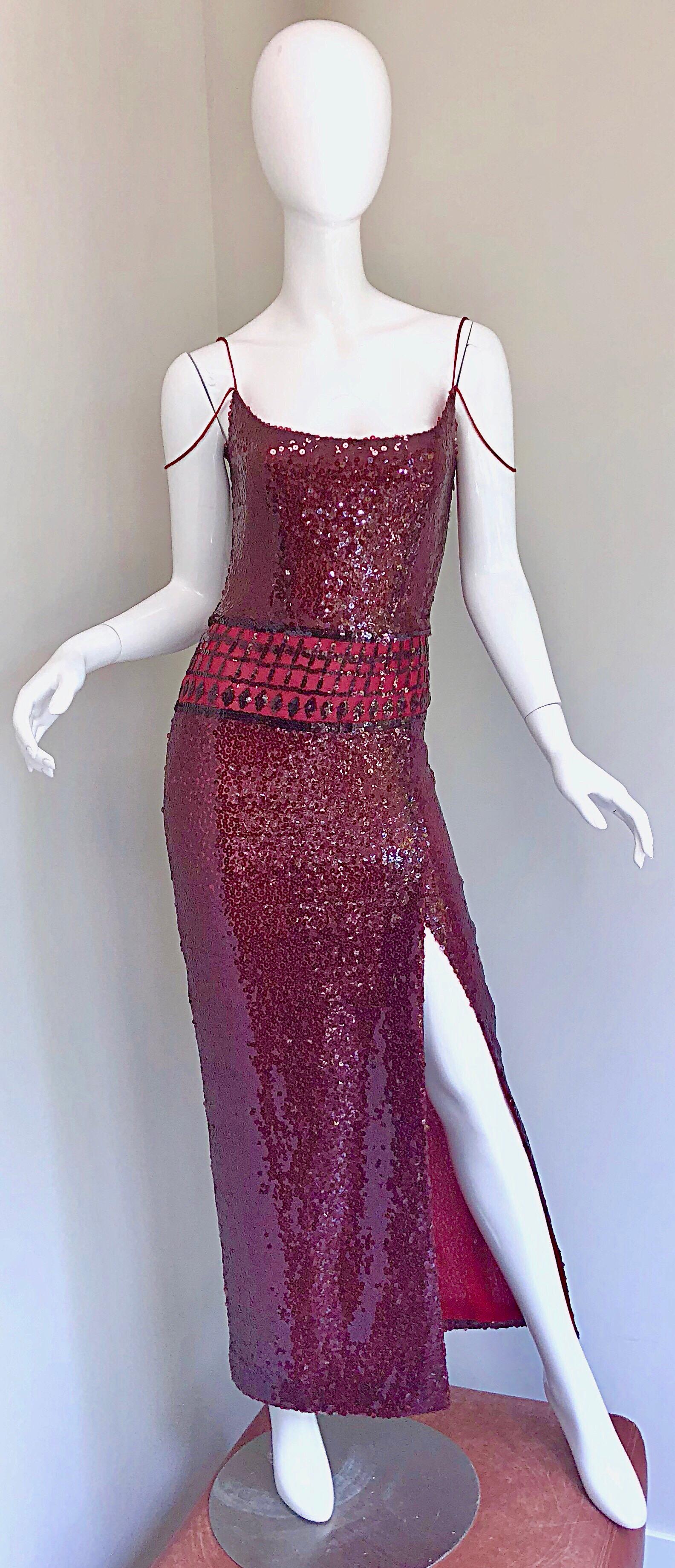 Phenomenal 90s RICHARD TYLER COUTURE cranberry red / burgundy / maroon fully sequined and beaded silk chiffon evening dress! Features thousands of vibrant hand-sewn sequins and beads throughout. Beaded spaghetti straps. One romantically drapes over