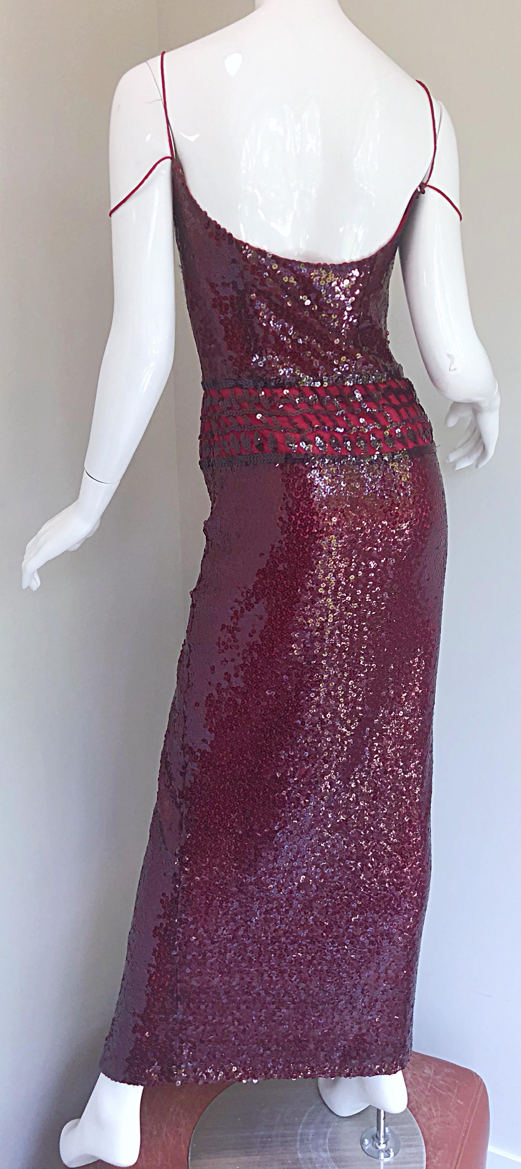 Women's 1990s Richard Tyler Couture Size 6 Cranberry Red Burgundy Sequin Vintage Gown  For Sale