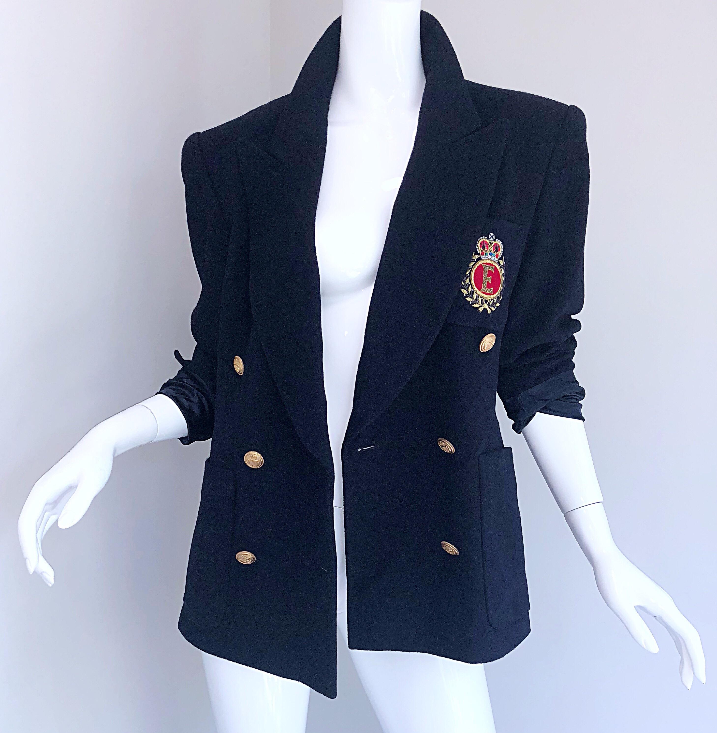 Black Chic Vintage Escada by Margaretha Ley Navy Blue Double Breasted Blazer Jacket