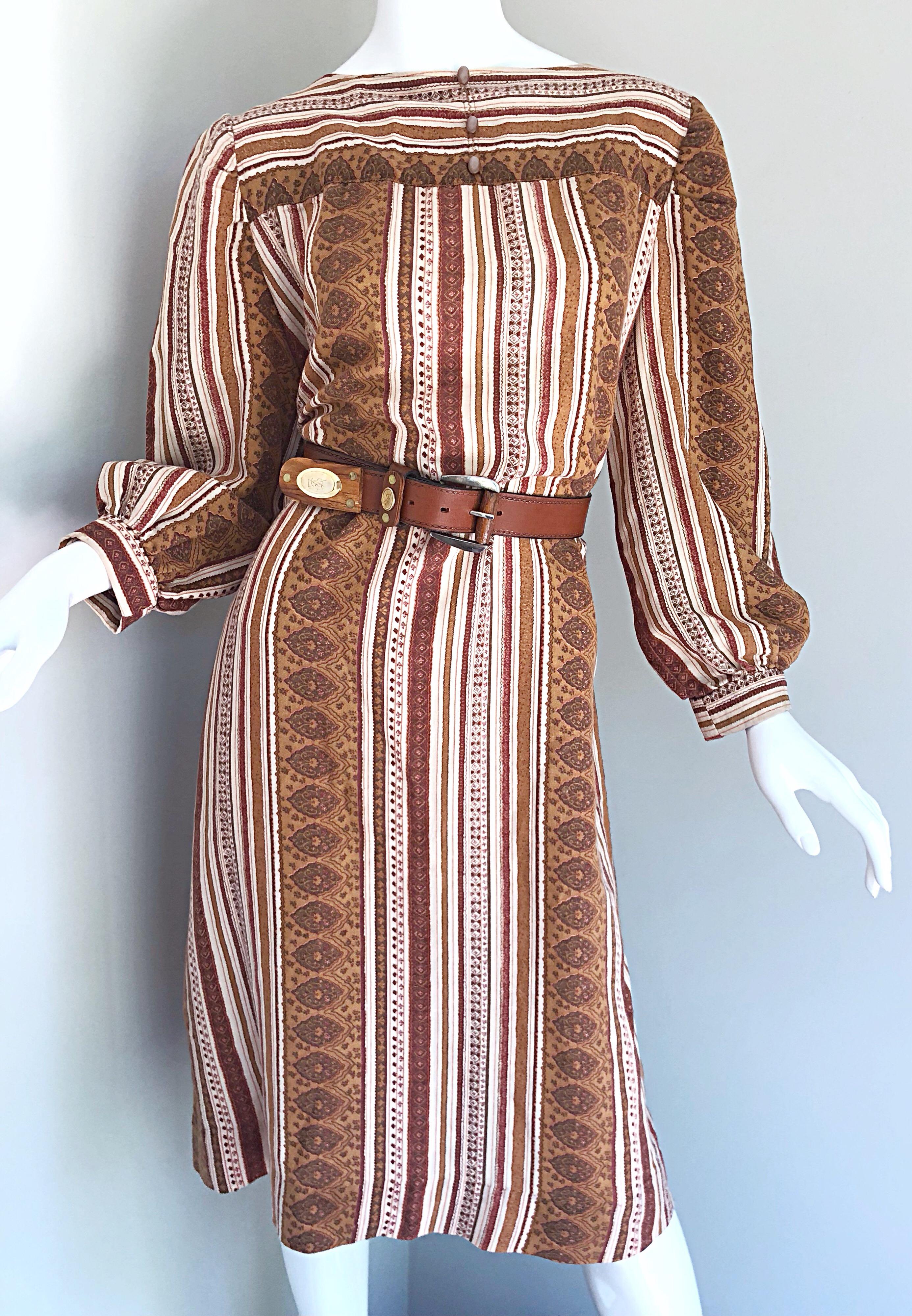 1970s Boho Chic Brown and Ivory Soft Cotton Paisley Print Vintage 70s Dress 1