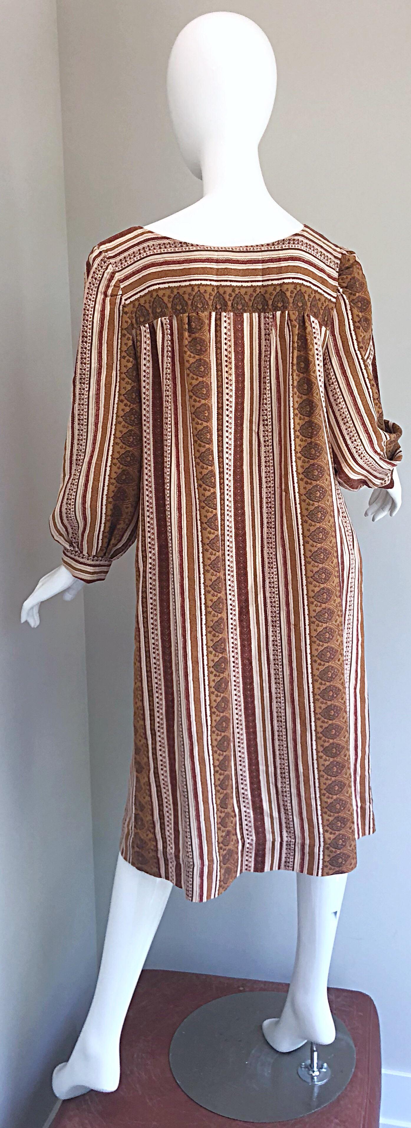 1970s Boho Chic Brown and Ivory Soft Cotton Paisley Print Vintage 70s Dress 6