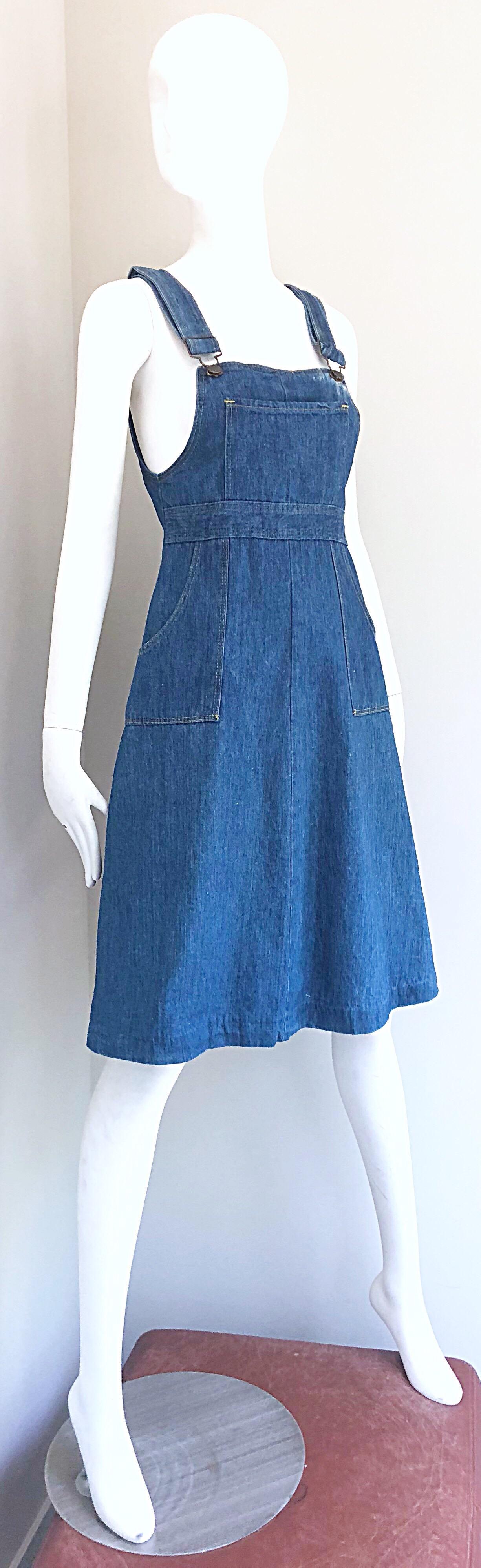 Women's Rare Early 1970s The Gap Blue Jean Denim Vintage 70s Overalls Dress
