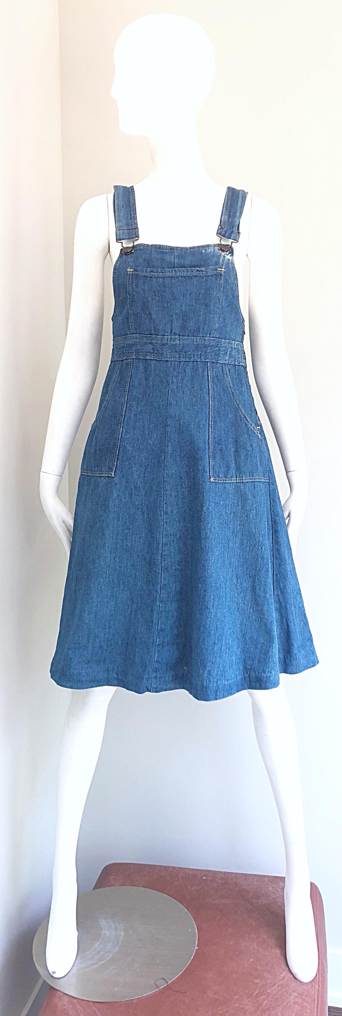 Vintage 1970s Denim Calabash Overall Style Dress