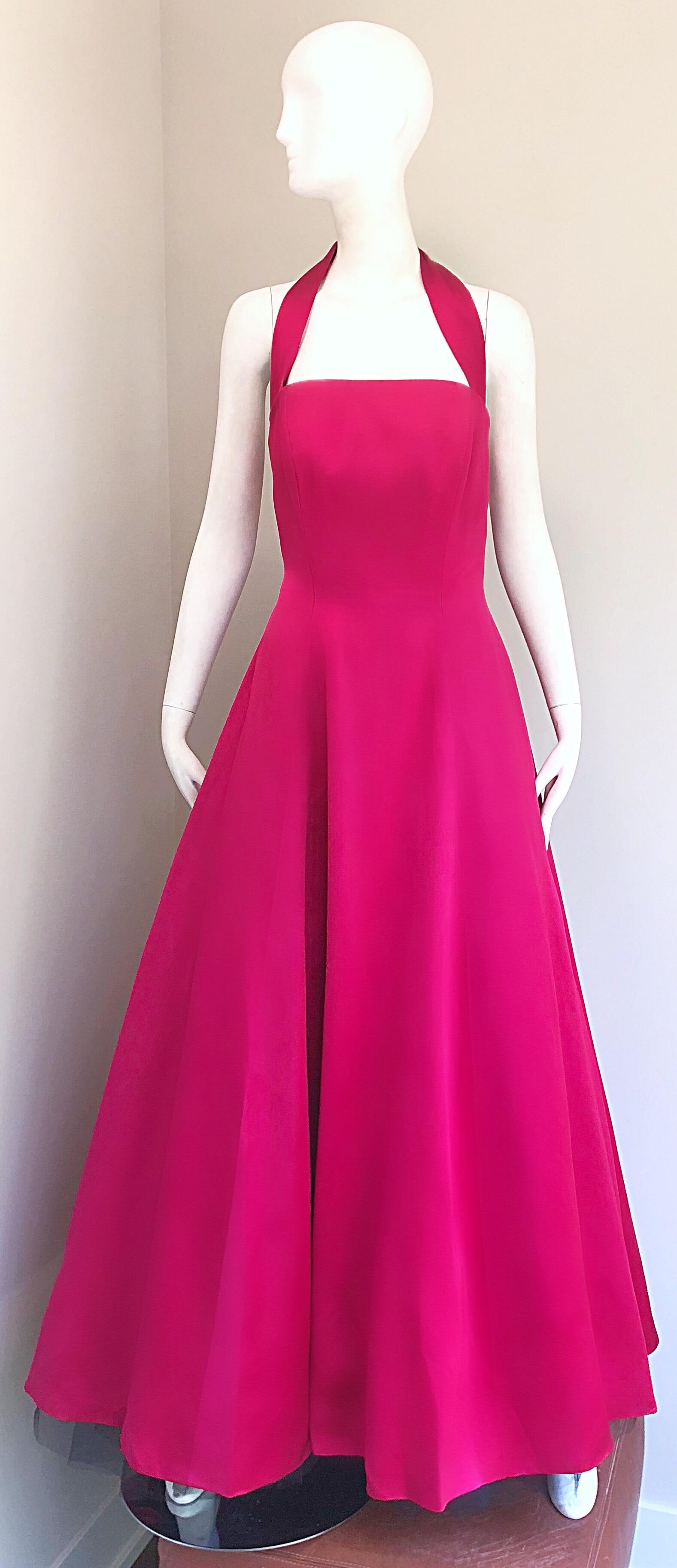 Beautiful vintage late 80s VICKY TIEL COUTURE raspberry pink silk satin halter evening dress and black crinoline skirt! Features a vibrant raspberry pink and contrasting black. Black crinoline is full length, and has a dramatic longer hem in the