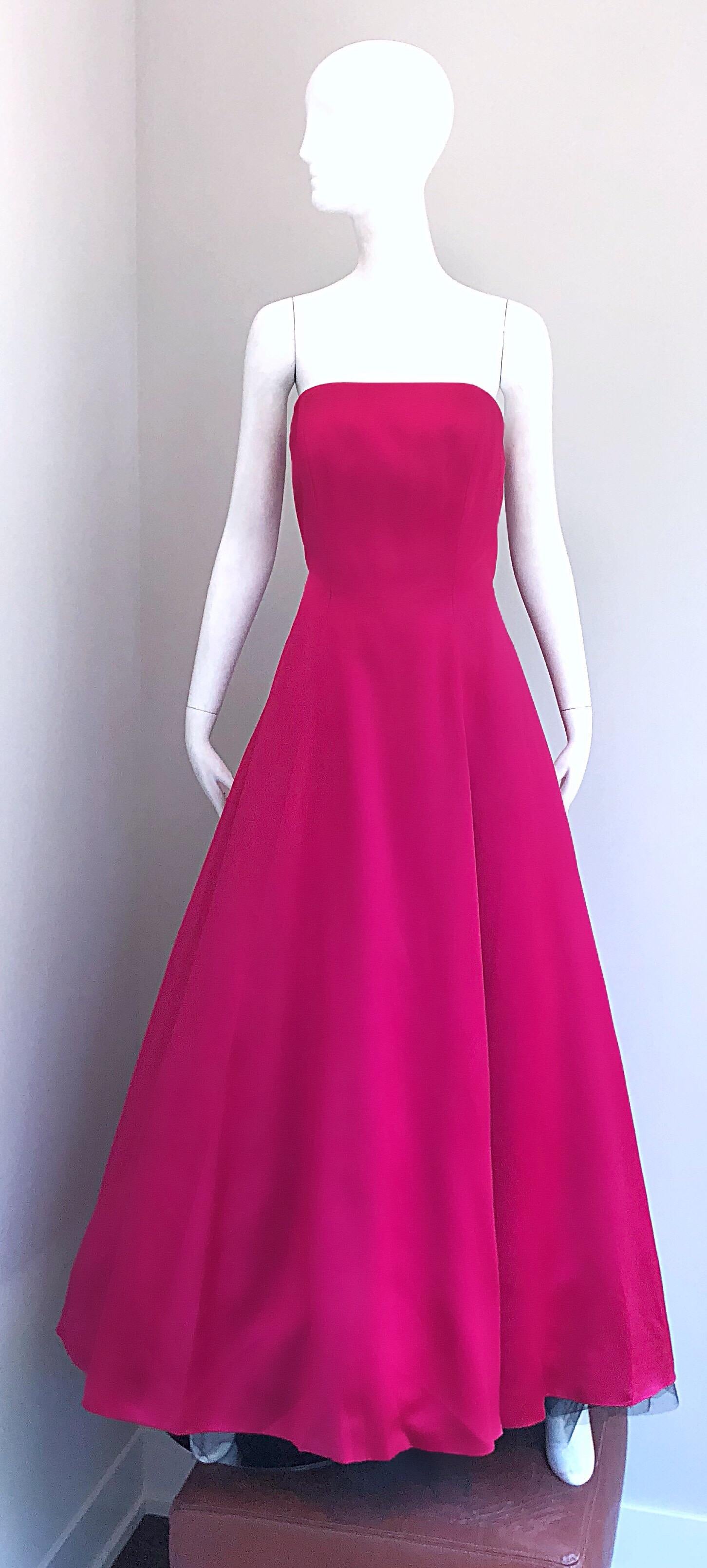 1980s Vicky Tiel Couture Vintage Raspberry Pink Silk Satin 80s Evening Gown  In Excellent Condition In San Diego, CA