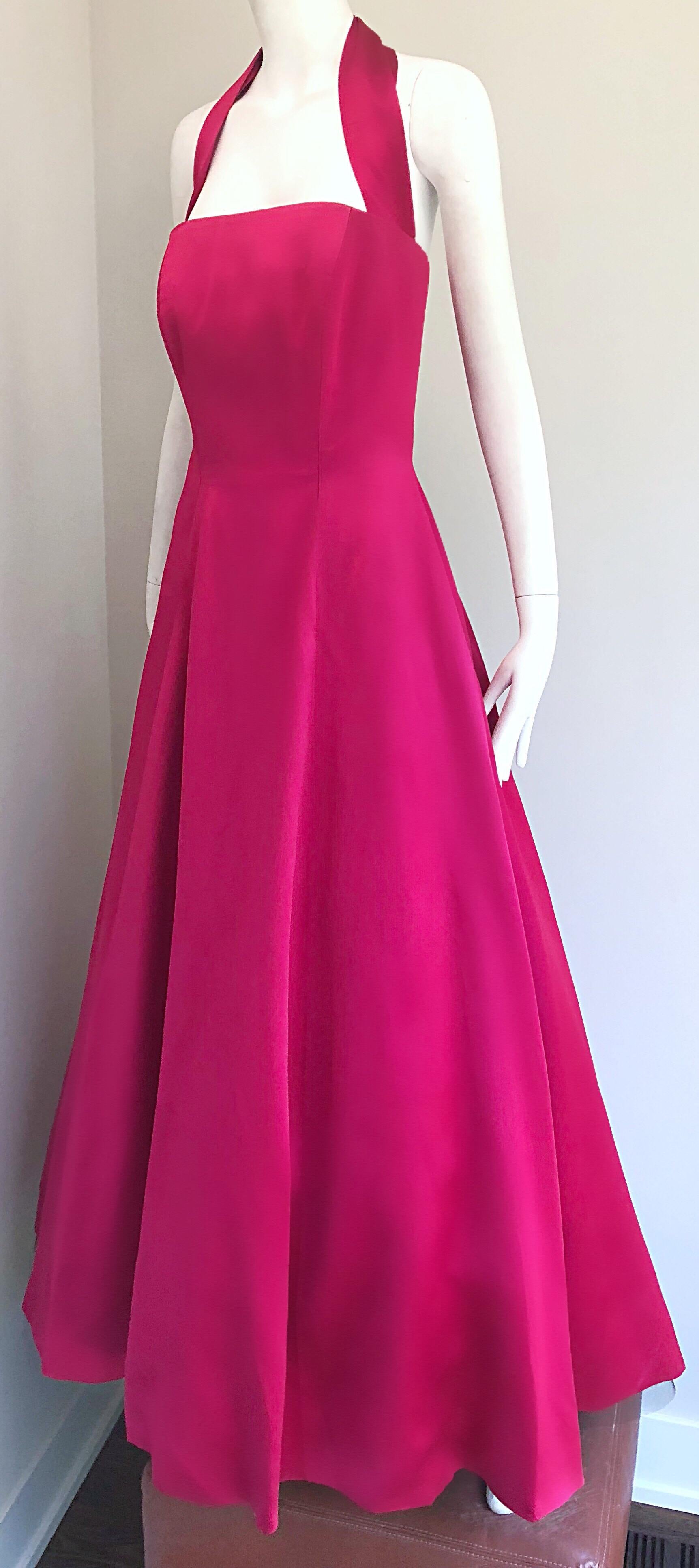 1980s Vicky Tiel Couture Vintage Raspberry Pink Silk Satin 80s Evening Gown  1