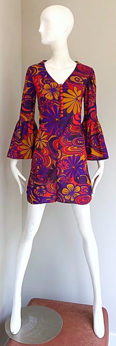 1970s Purple + Orange + Blue Flower Power Vintage 70s Tunic Mini Dress