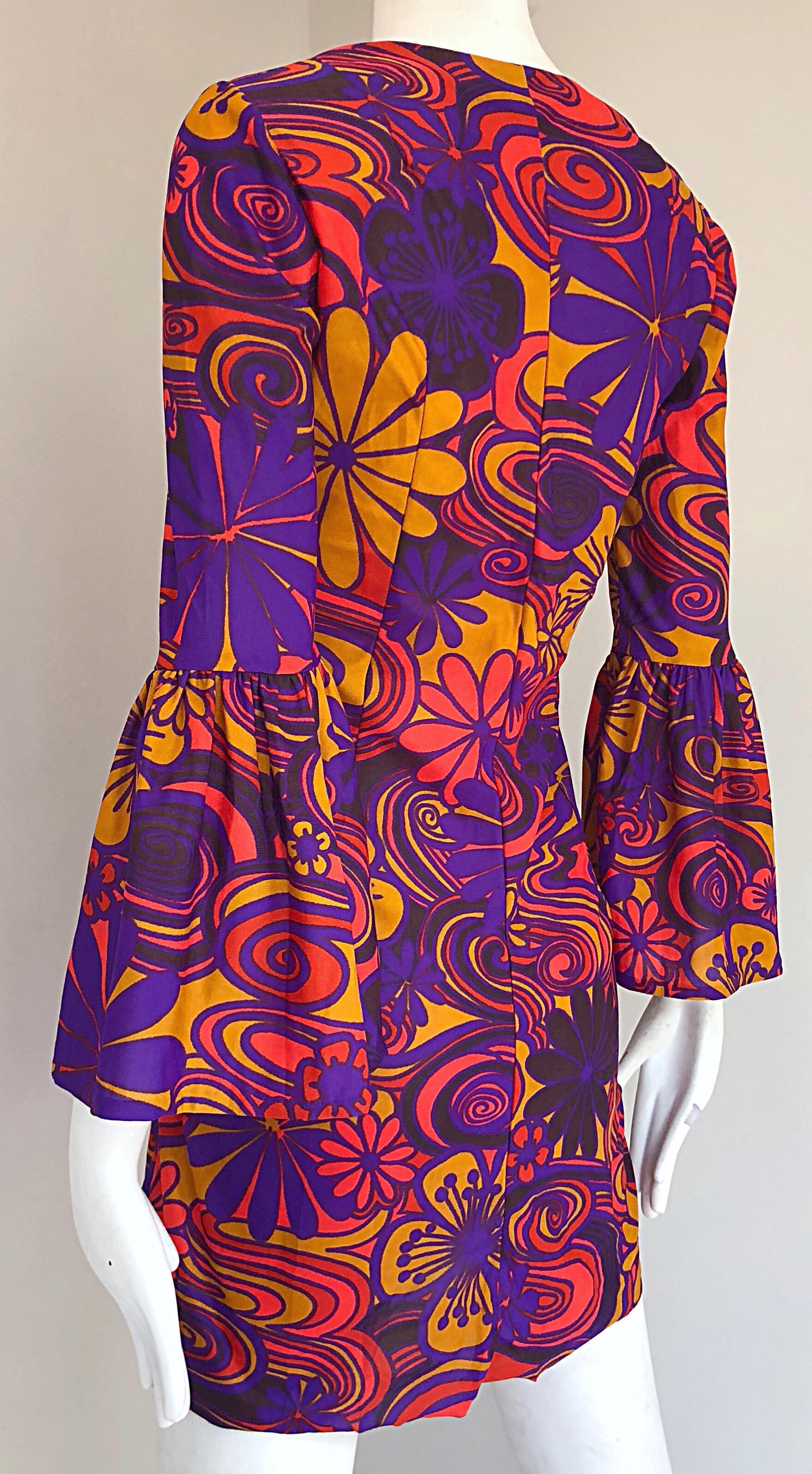 Women's 1970s Purple + Orange + Blue Flower Power Vintage 70s Tunic Mini Dress For Sale