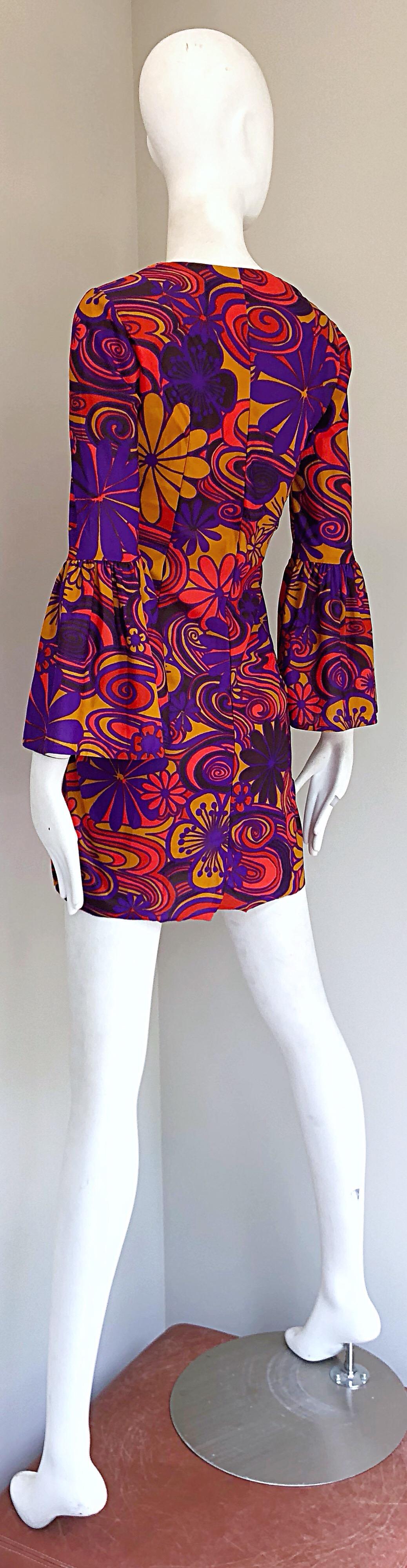 1970s Purple + Orange + Blue Flower Power Vintage 70s Tunic Mini Dress For Sale 4