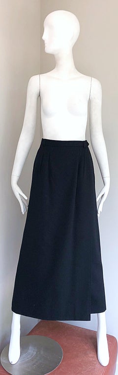 Vintage Yves Saint Laurent 1970s Black Wool Size Small 70s Wrap Maxi Skirt YSL