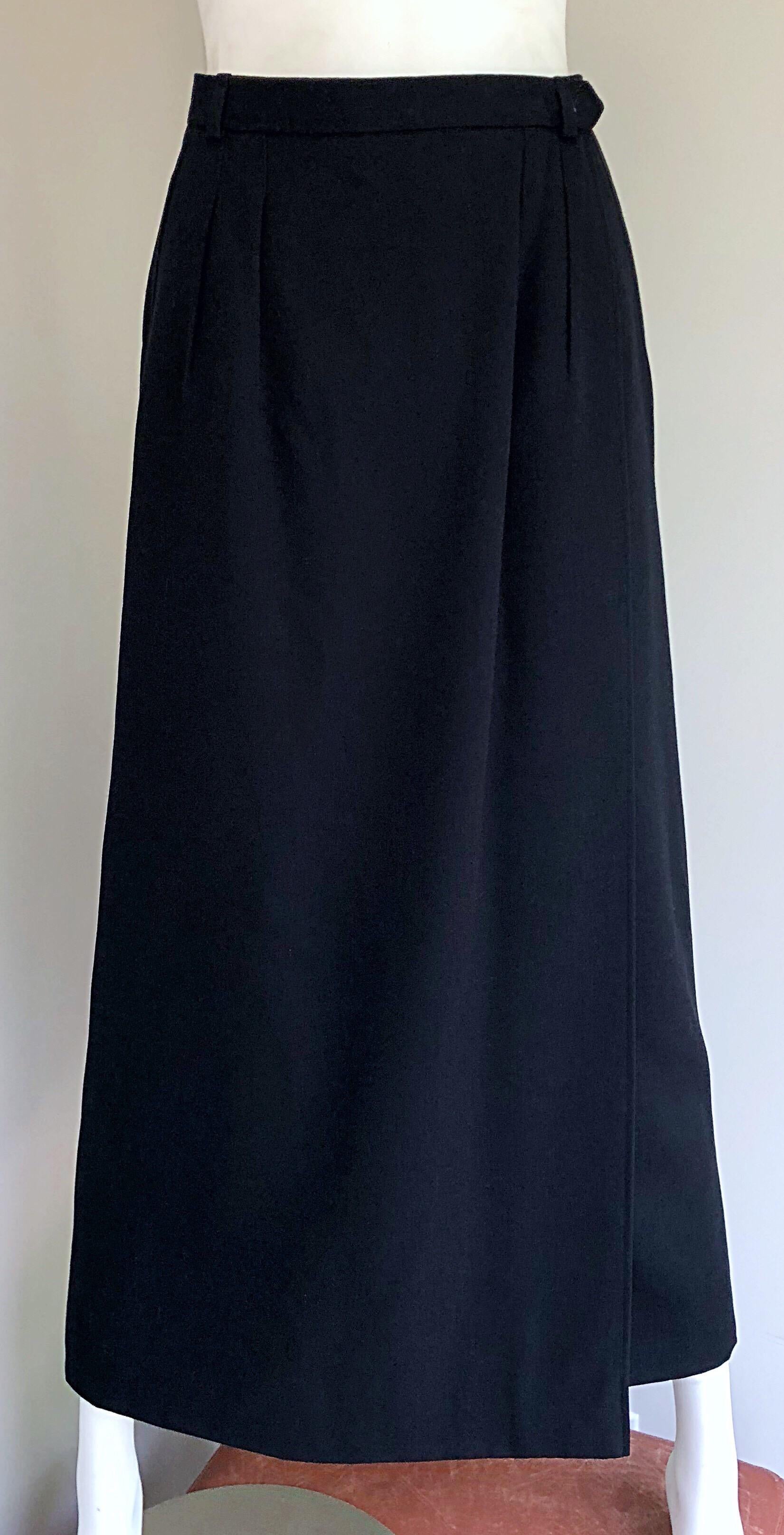 Vintage Yves Saint Laurent 1970s Black Wool Size Small 70s Wrap Maxi Skirt YSL For Sale 3