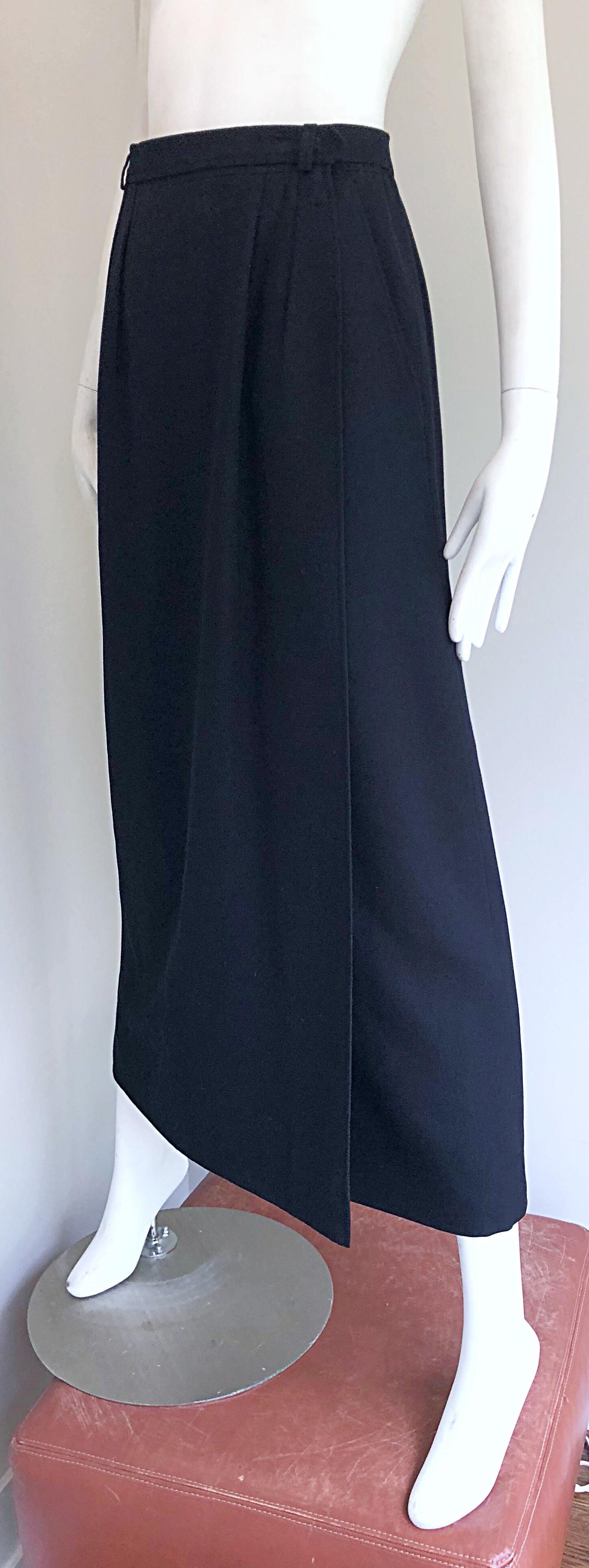 Vintage Yves Saint Laurent 1970s Black Wool Size Small 70s Wrap Maxi Skirt YSL For Sale 4