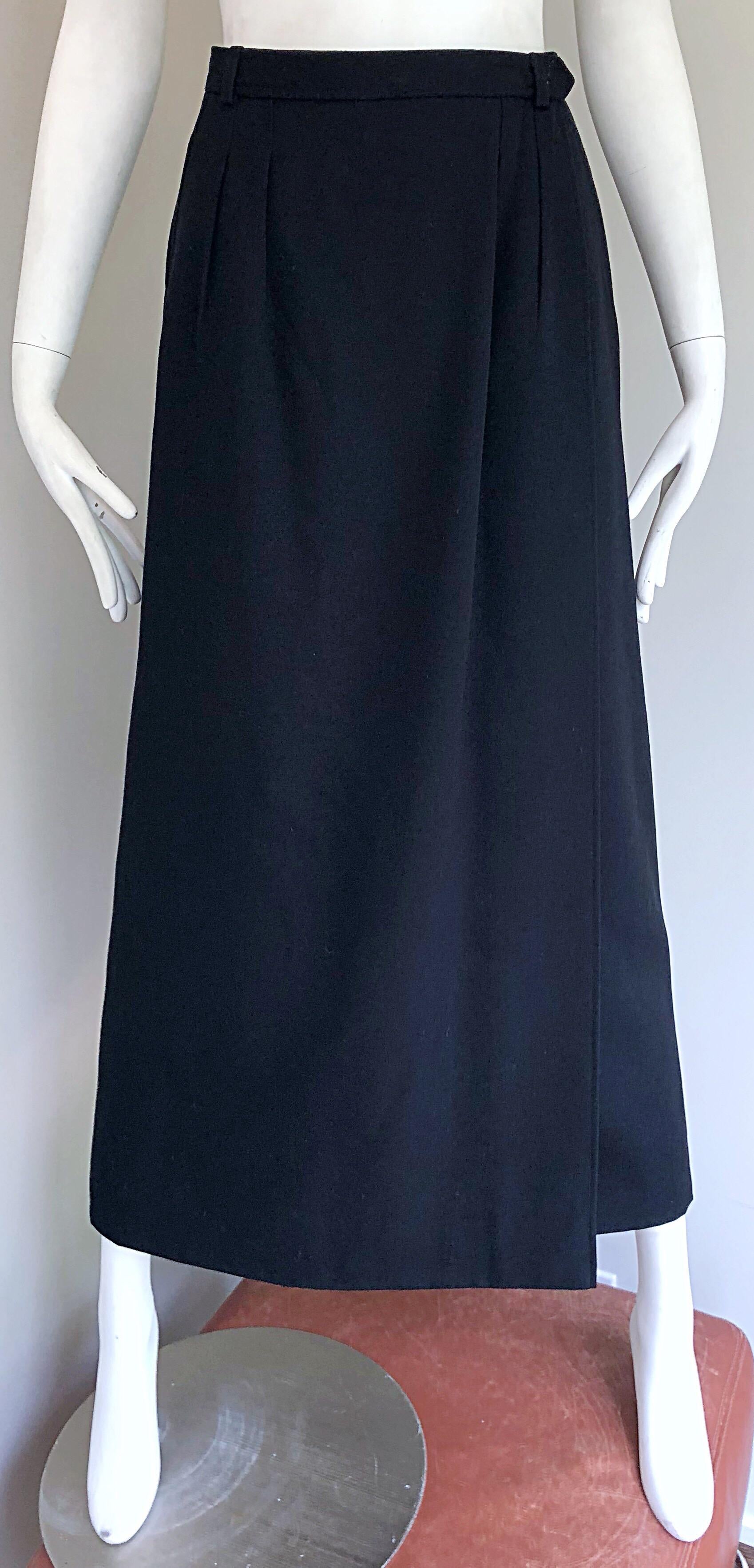 Vintage Yves Saint Laurent 1970s Black Wool Size Small 70s Wrap Maxi Skirt YSL For Sale 6