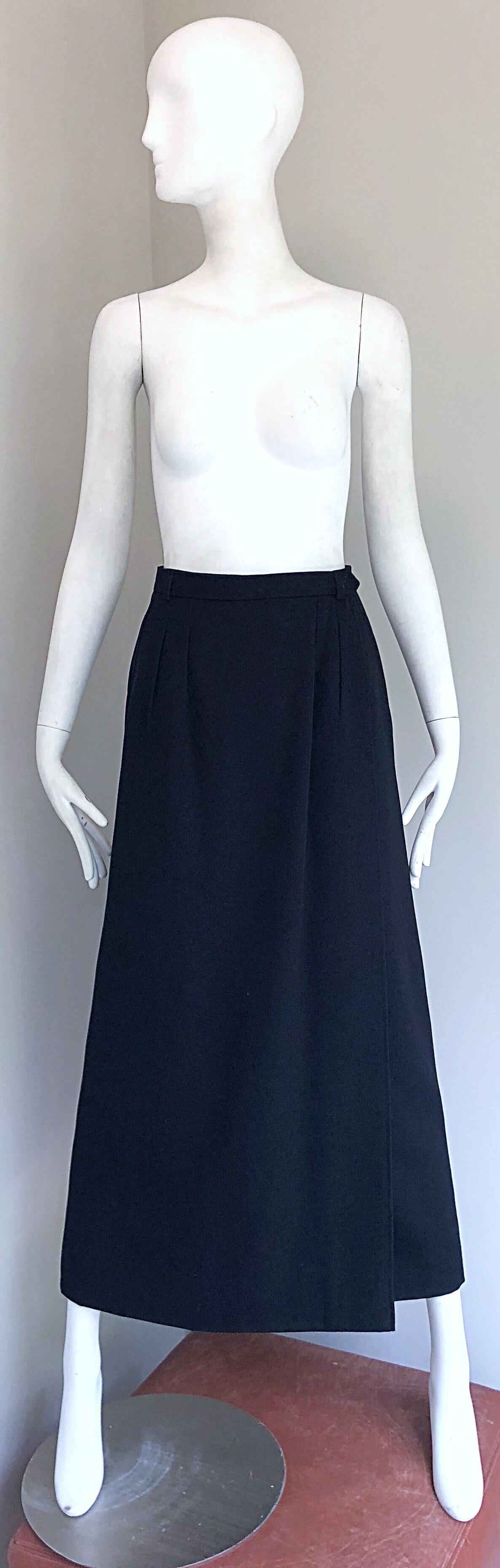 Vintage Yves Saint Laurent 1970s Black Wool Size Small 70s Wrap Maxi Skirt YSL For Sale 8
