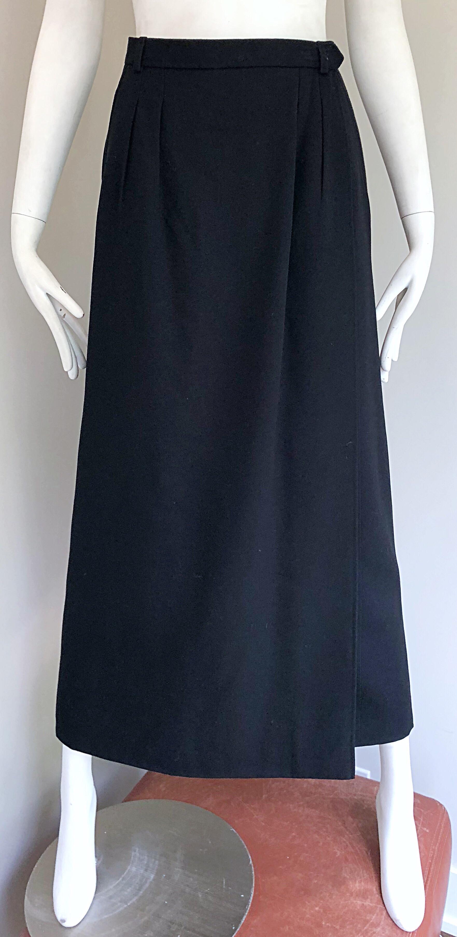 Vintage Yves Saint Laurent 1970s Black Wool Size Small 70s Wrap Maxi Skirt YSL For Sale 10