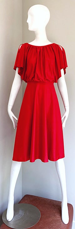 1970s Coral Orange Cold - Shoulder Boho Slinky Vintage 70s Jersey Dress