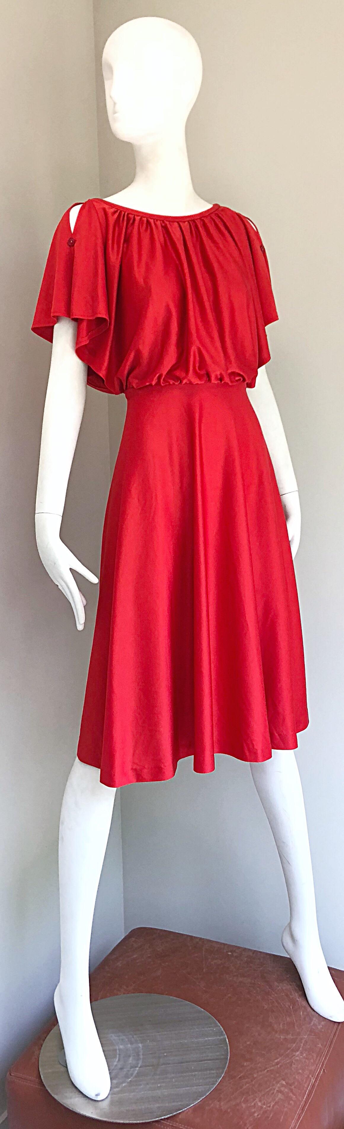 Red 1970s Coral Orange Cold - Shoulder Boho Slinky Vintage 70s Jersey Dress For Sale