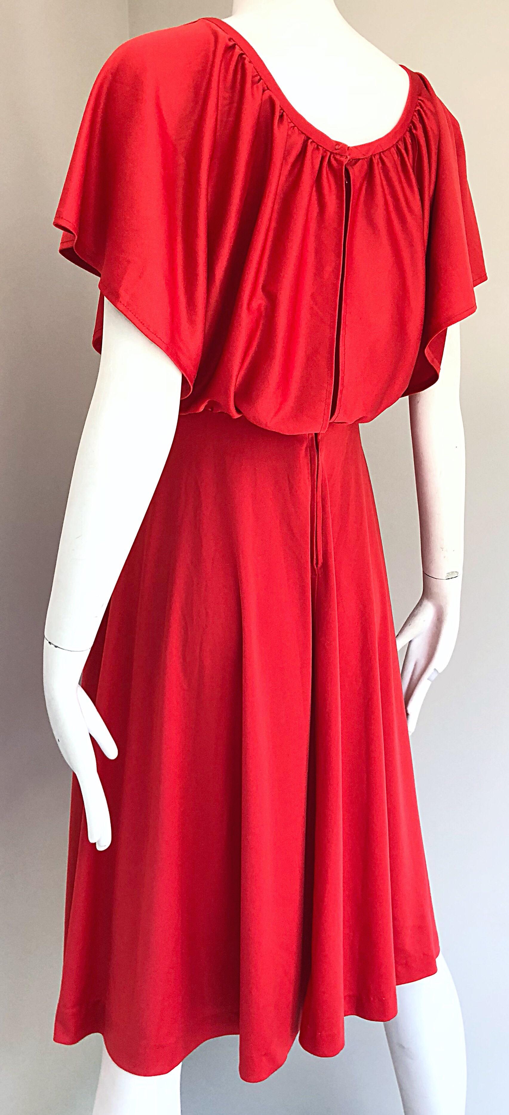 1970s Coral Orange Cold - Shoulder Boho Slinky Vintage 70s Jersey Dress For Sale 1
